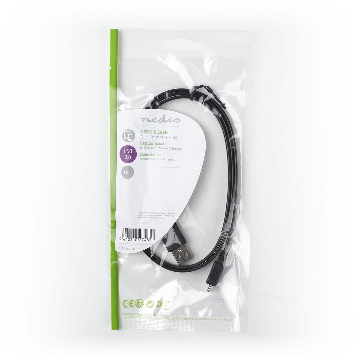 Schwarzes USB-Kabel in einem transparenten Plastikbeutel mit weißem Etikett.