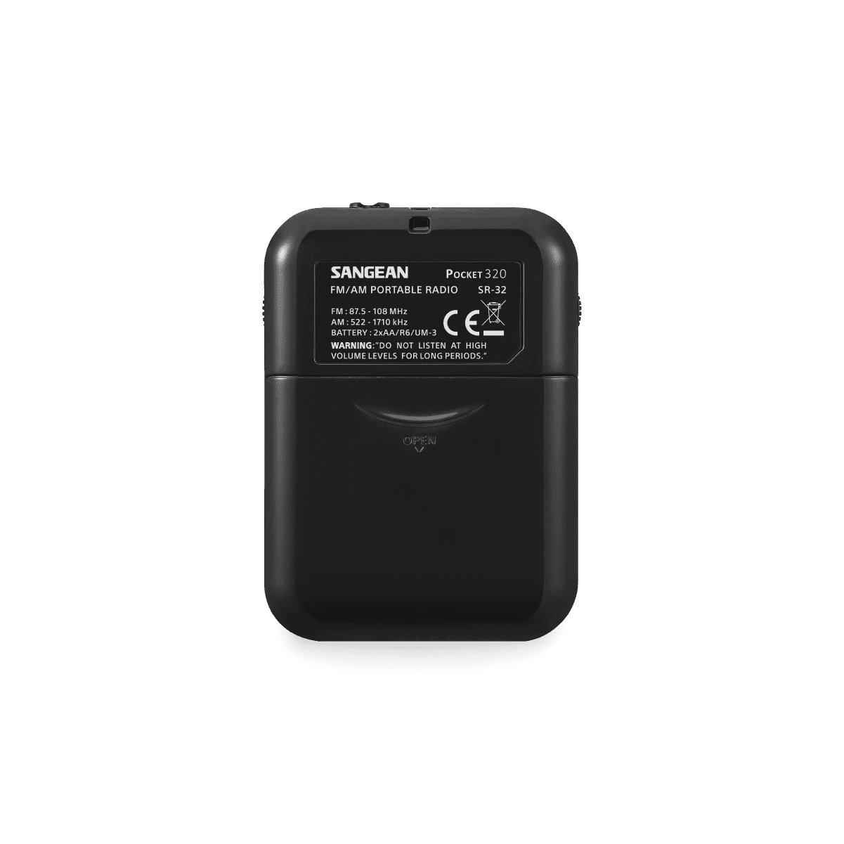 Czarny przenośny radio Sangean FM/AM. Ma ekran i przyciski. Białe tło.