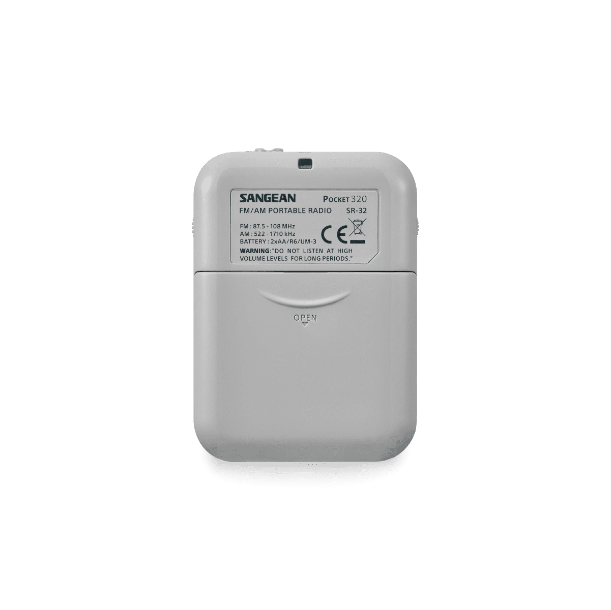 Małe, szare radio Sangean Pocket 320, widok z tyłu z etykietami i przegródką.