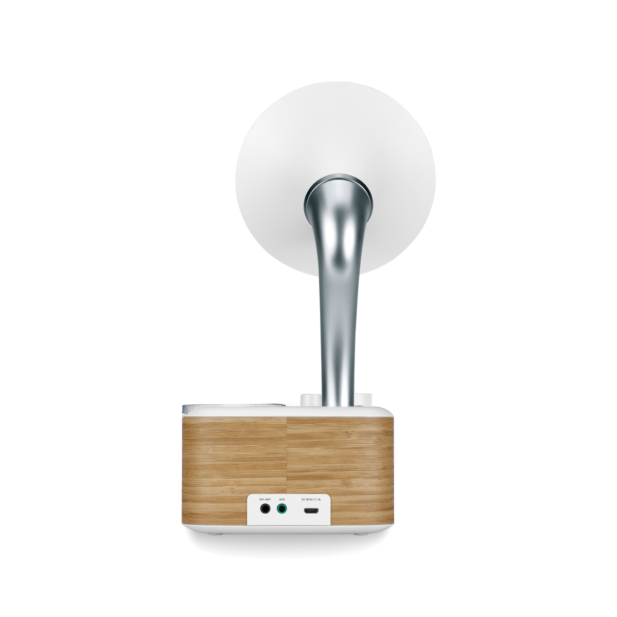 Nowoczesna lampa z drewnianą podstawą i białym, okrągłym światłem.