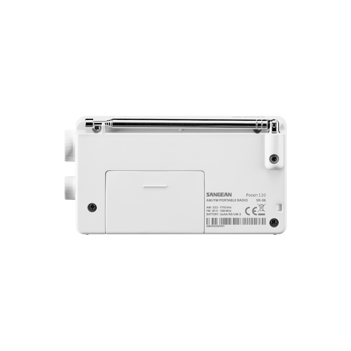 Białe radio Sangean Pocket 110. Antena wysunięta, widoczne przyciski i etykiety.