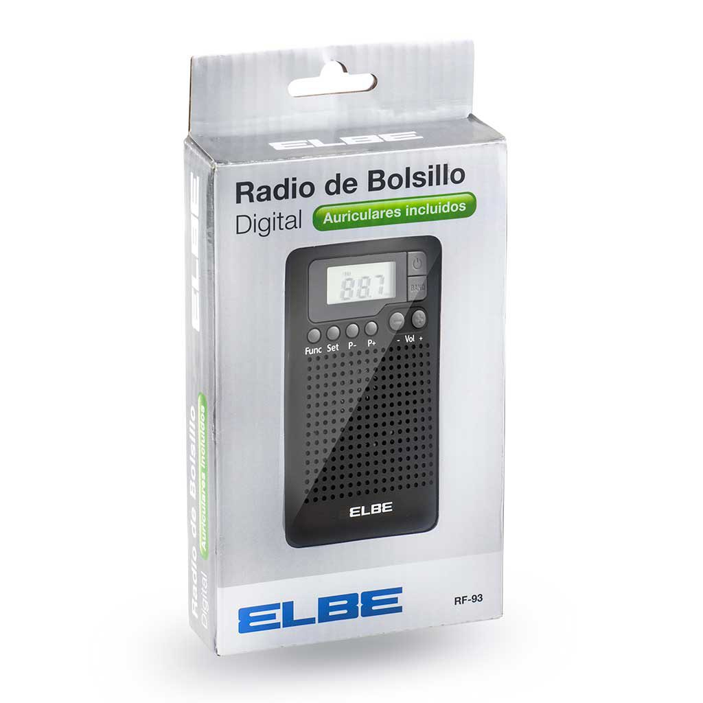 Radio kieszonkowe w pudełku. Biało-szare z czarnym tekstem. Białe tło.