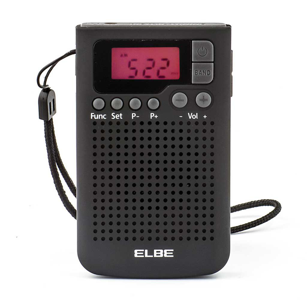 Czarny przenośny radio Elbe z małym ekranem pokazującym godzinę. Ma przyciski do funkcji, ustawień i głośności.