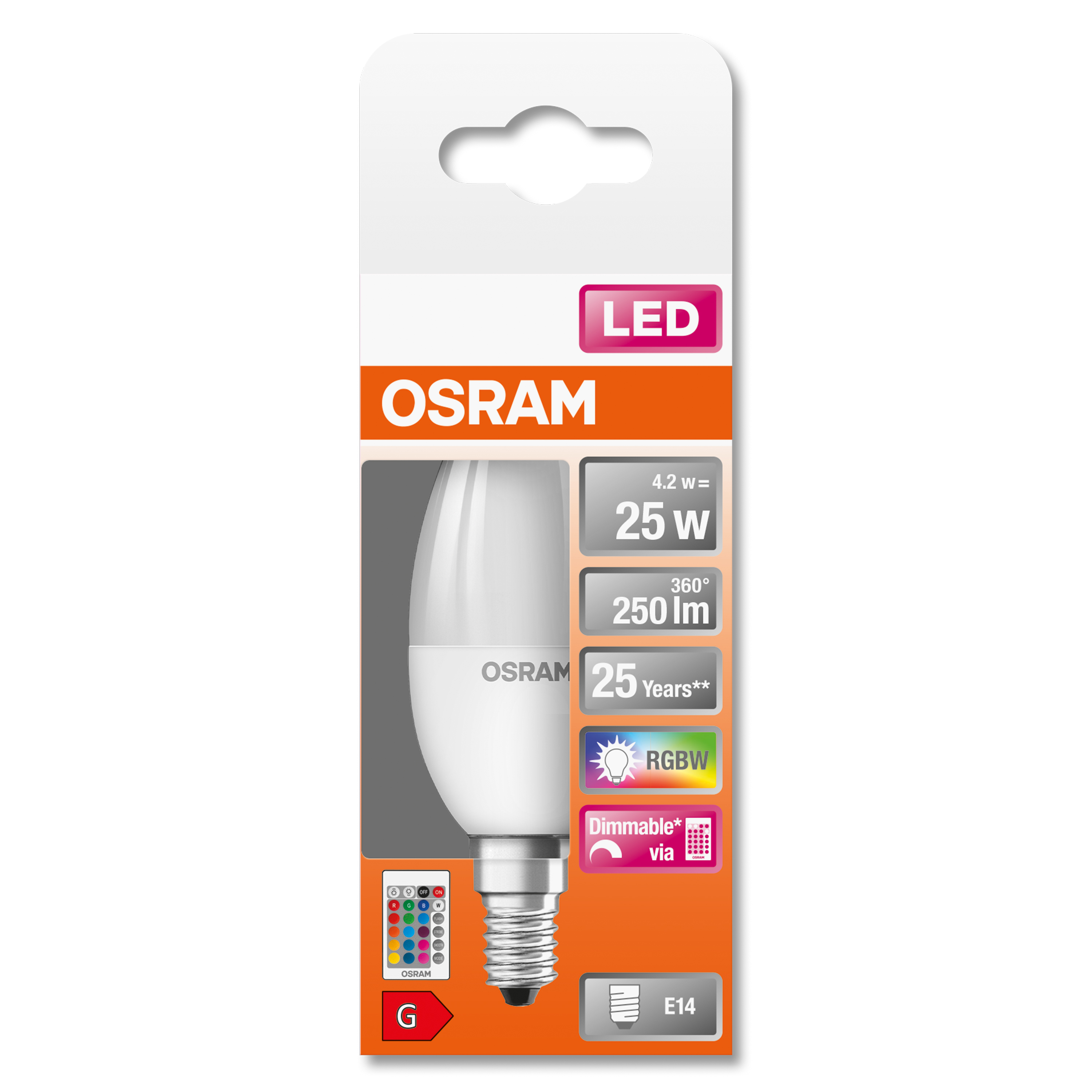 Un emballage d'ampoule Osram. Montre une ampoule blanche avec options de couleur et détails d'efficacité énergétique.