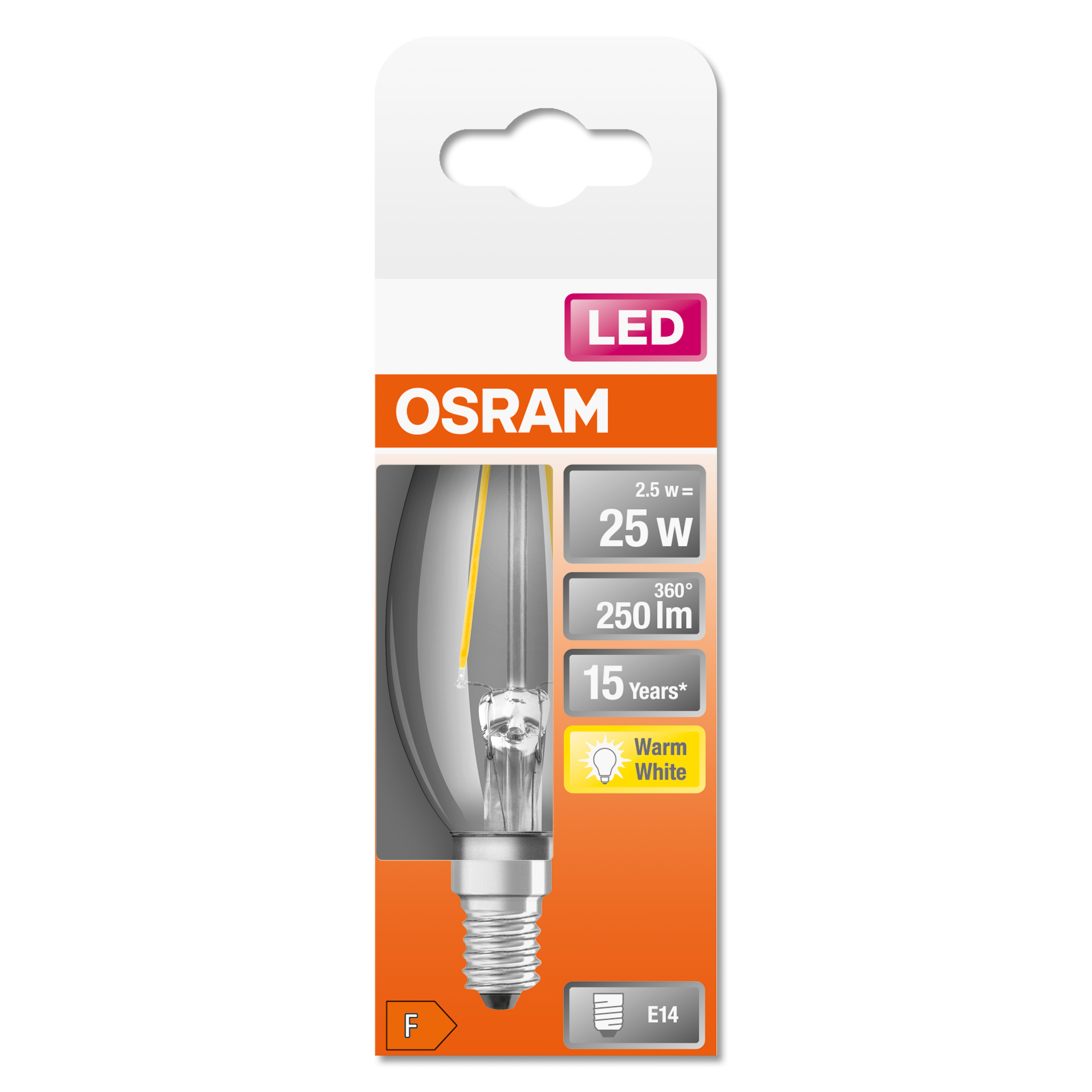 Confezione di lampadina LED OSRAM con lampadina visibile, sfondo bianco e informazioni sul marchio.