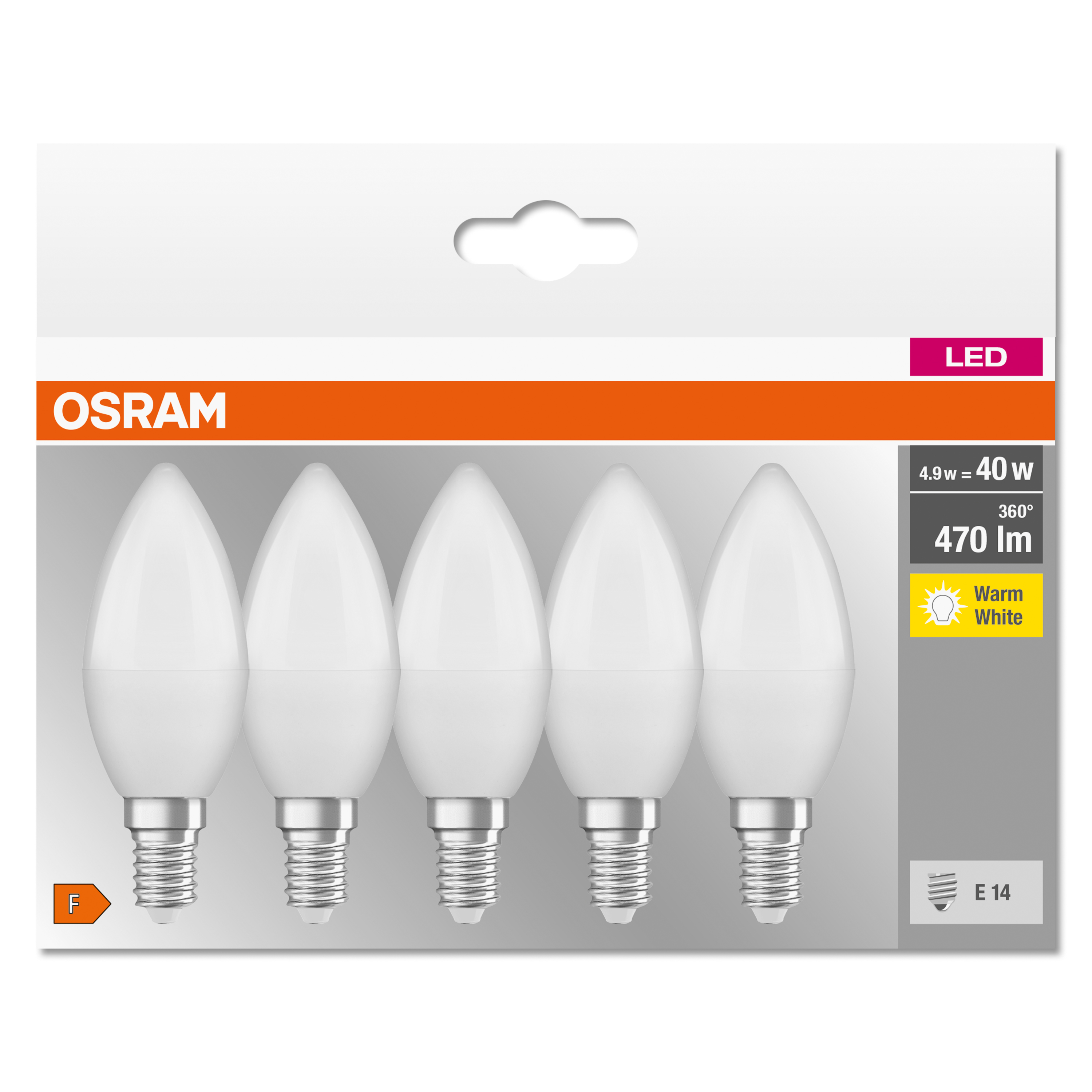 Paquet de cinq ampoules LED blanches. Le texte et le logo Osram sont visibles en haut à gauche.