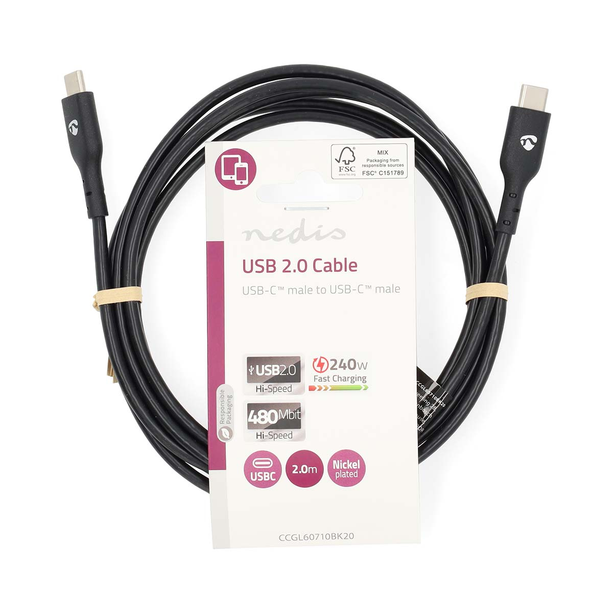Black USB 2.0 cable by Nedis. The cable is black. The packaging has USB 2.0 and fast charging labels.