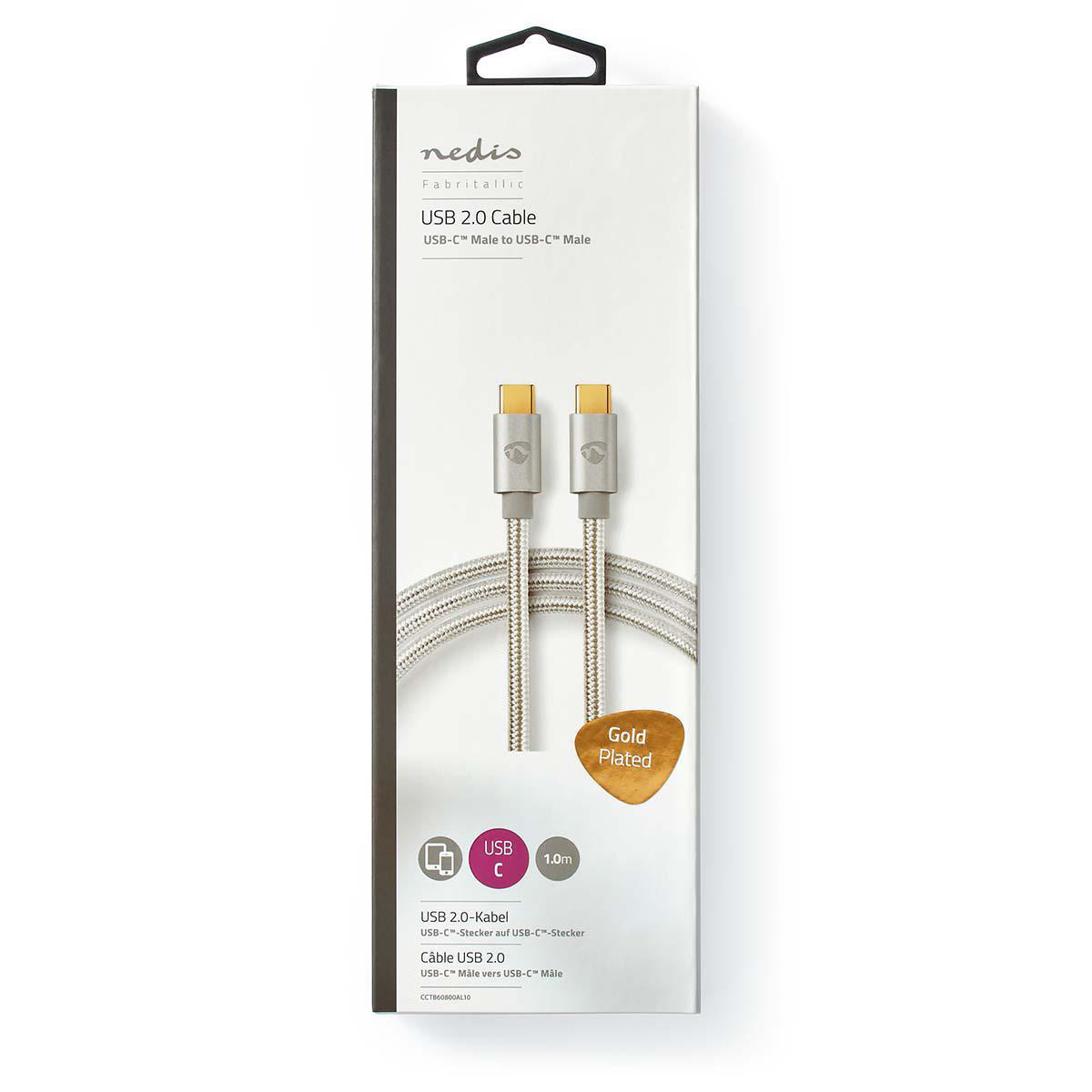 USB-C-Kabel in Verpackung. Silbernes Kabel, vergoldete Stecker und Produktdetails.