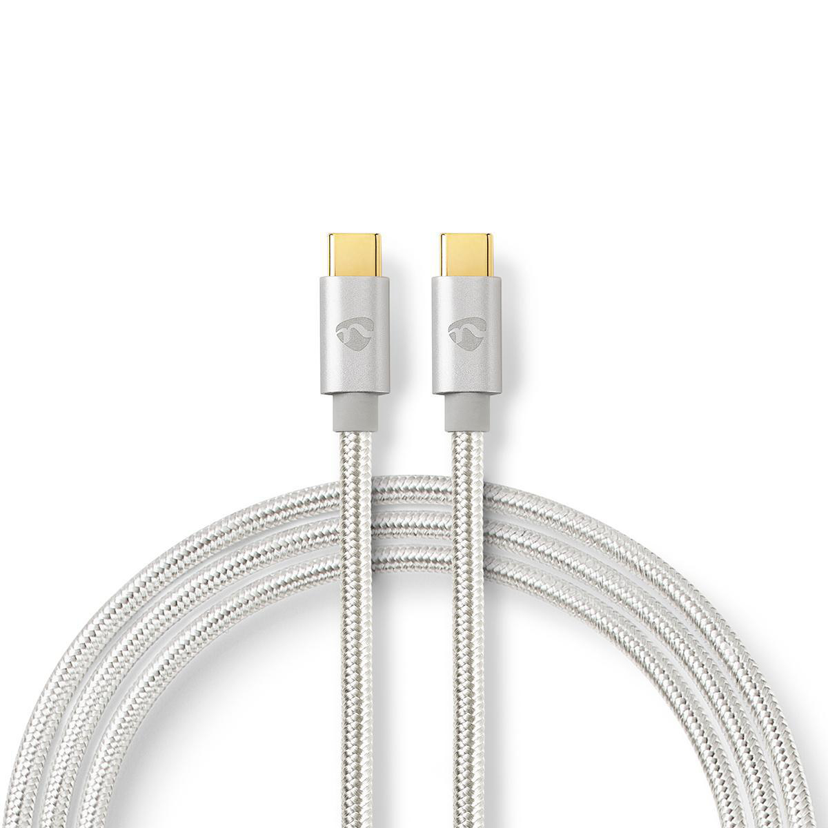 Zwei silberne USB-C-Kabel mit goldenen Steckern auf weißem Hintergrund.