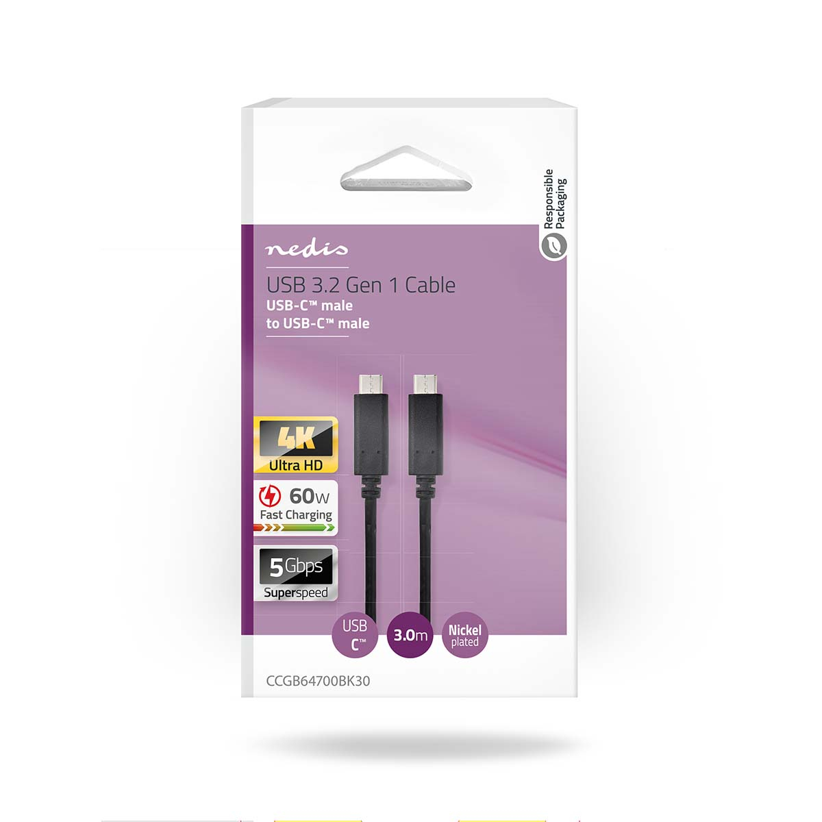 Eine weiße Schachtel mit einem USB-C-zu-USB-C-Kabel, mit einem 4K- und 5 Gbit/s-Symbol.