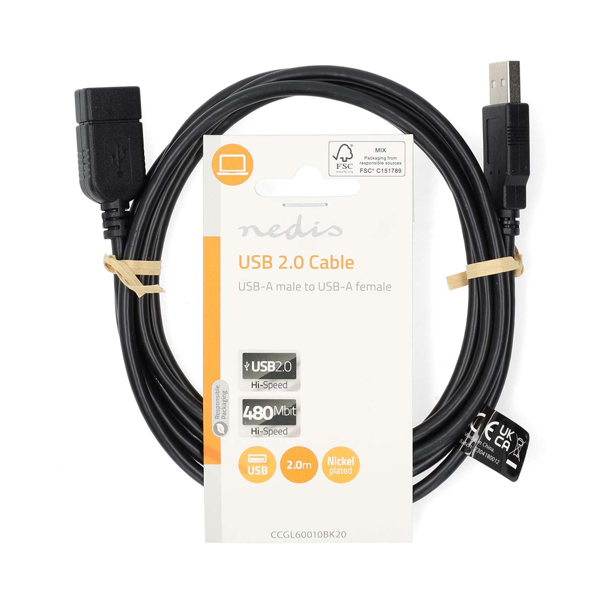 Zwarte USB-kabel in verpakking met een wit label.