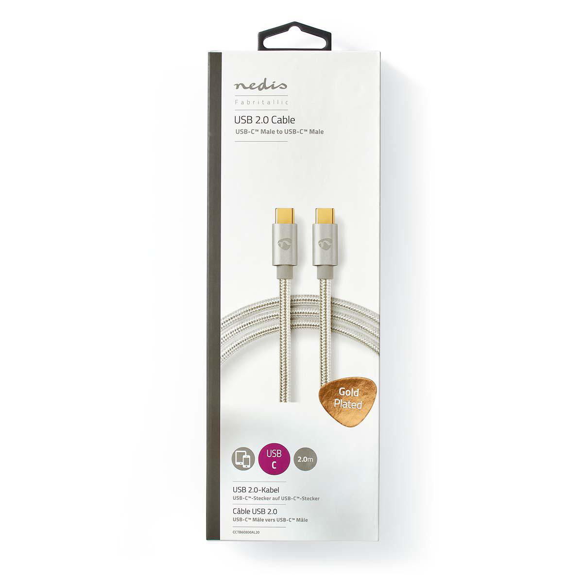 Un cavo USB-C in una scatola bianca e nera con logo placcato oro.
