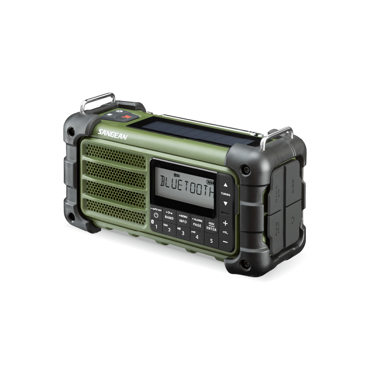 Una radio Sangean verde oliva e nera con pannello solare. Il display mostra Bluetooth. Ha pulsanti e porte sui lati.