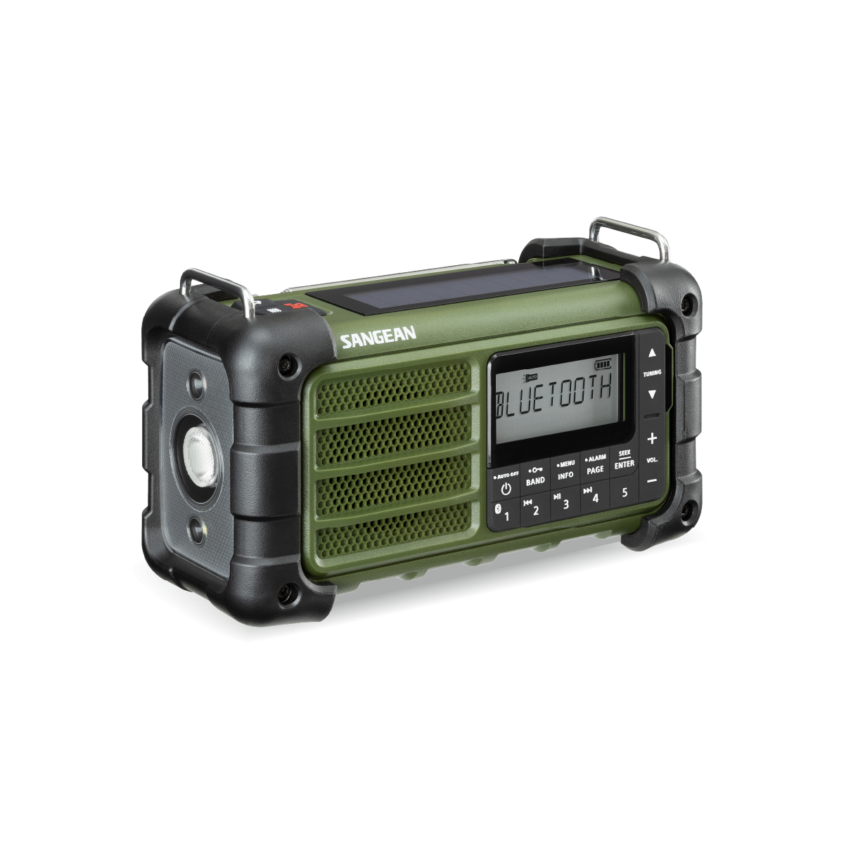 Una radio Sangean verde oliva e nera. Ha un pannello solare, uno schermo con "Bluetooth" e vari pulsanti e manopole.