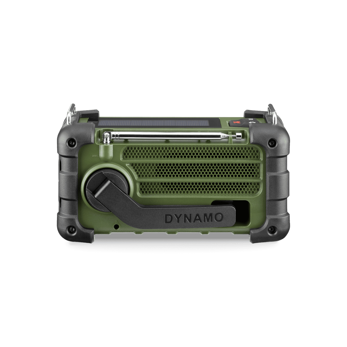 Una radio verde oliva e nera con pannello solare e manovella. La parola 'DYNAMO' è stampata sul davanti.