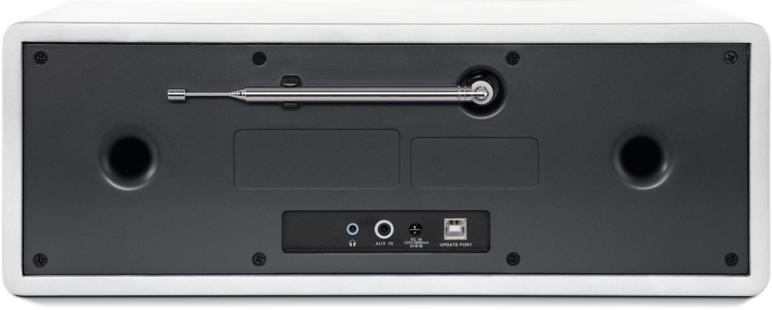 Il retro di un altoparlante bianco e grigio con pulsanti e porte.