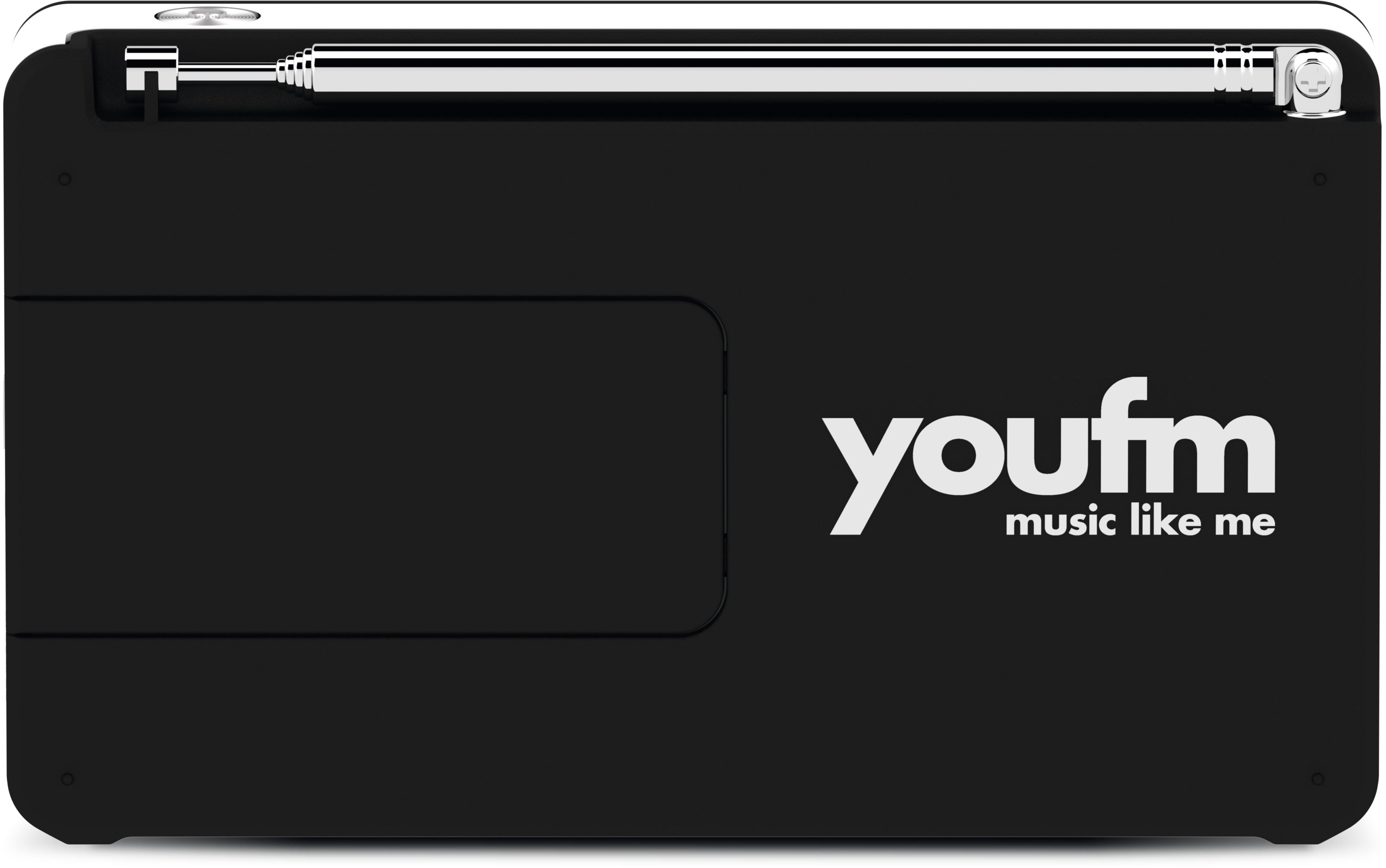 Radio youfm nera, testo bianco 'youfm music like me'. Antenna argentata, sfondo bianco.