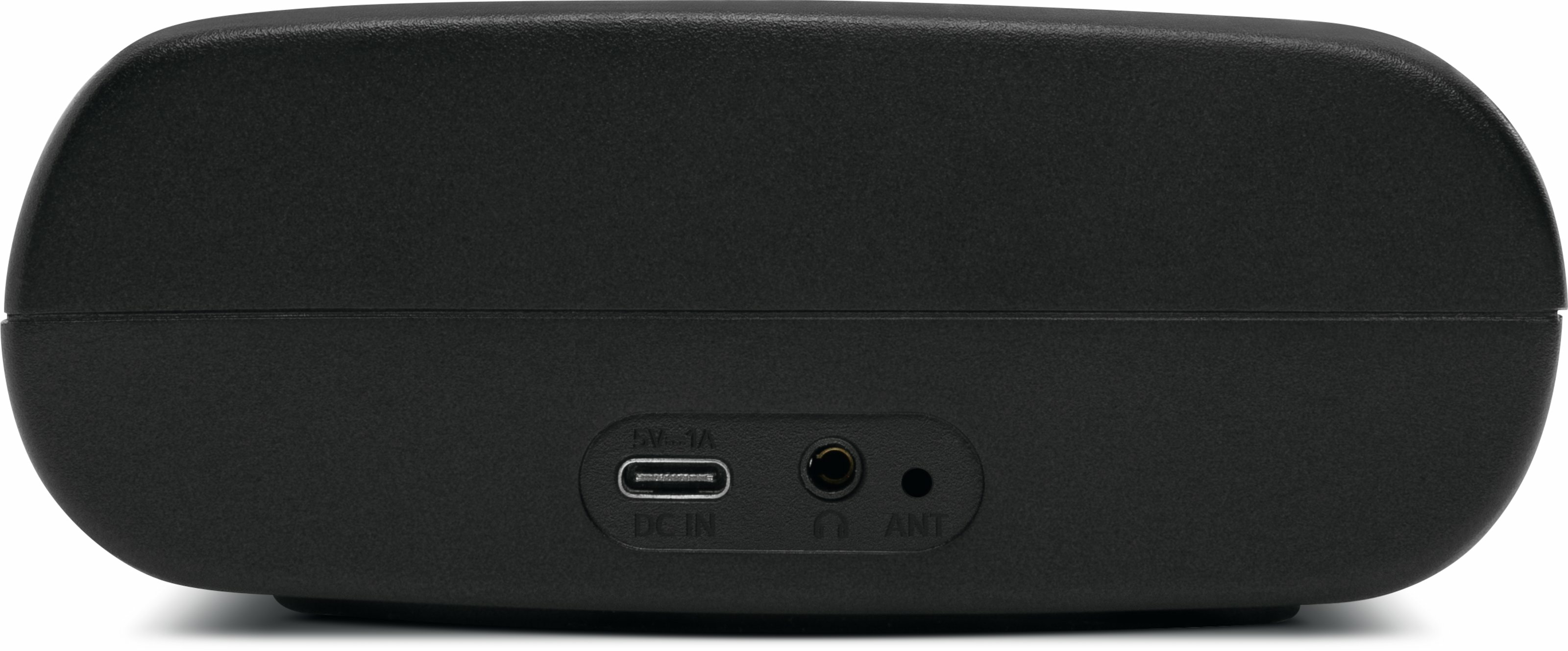 Czarne prostokątne urządzenie z portami zasilania, słuchawek i anteny.