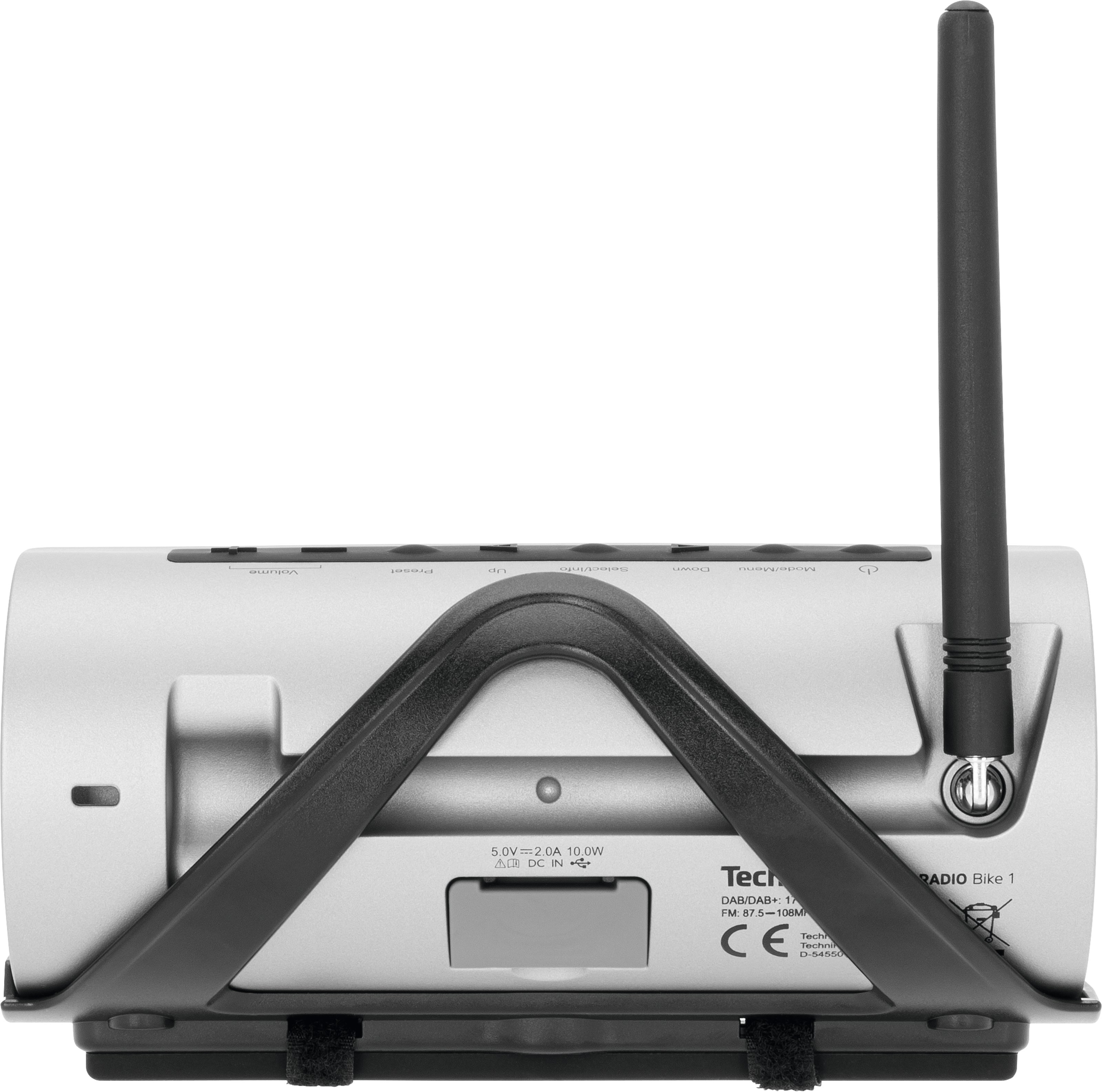 Srebrno-czarne TechniSat Radio Bike 1 z anteną i czarnym stojakiem.