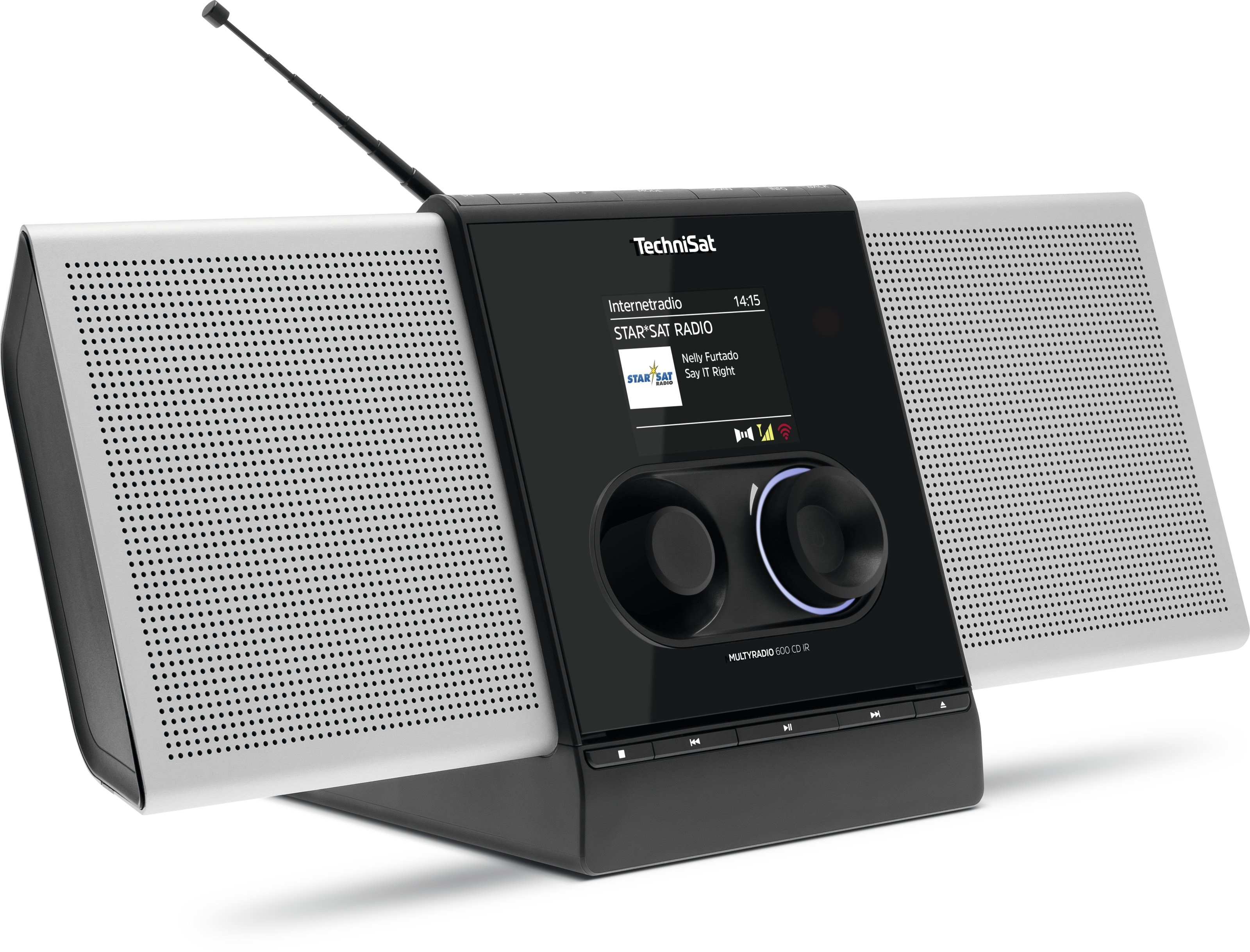 Una radio nera e argento con schermo. Ha due lati altoparlanti e un'antenna. Lo sfondo è bianco.