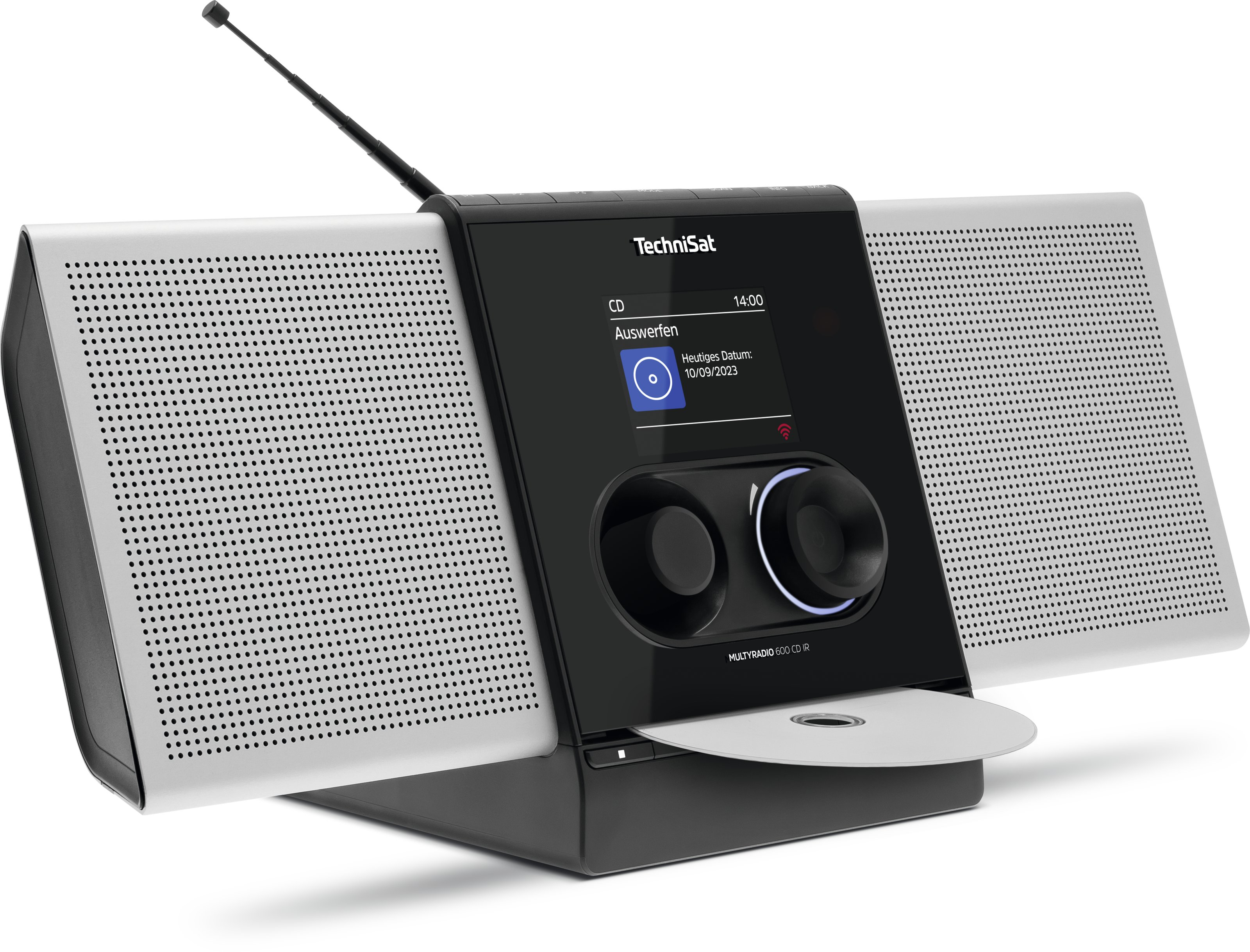 Radio nero e argento con due altoparlanti, un CD nello slot e un'antenna.