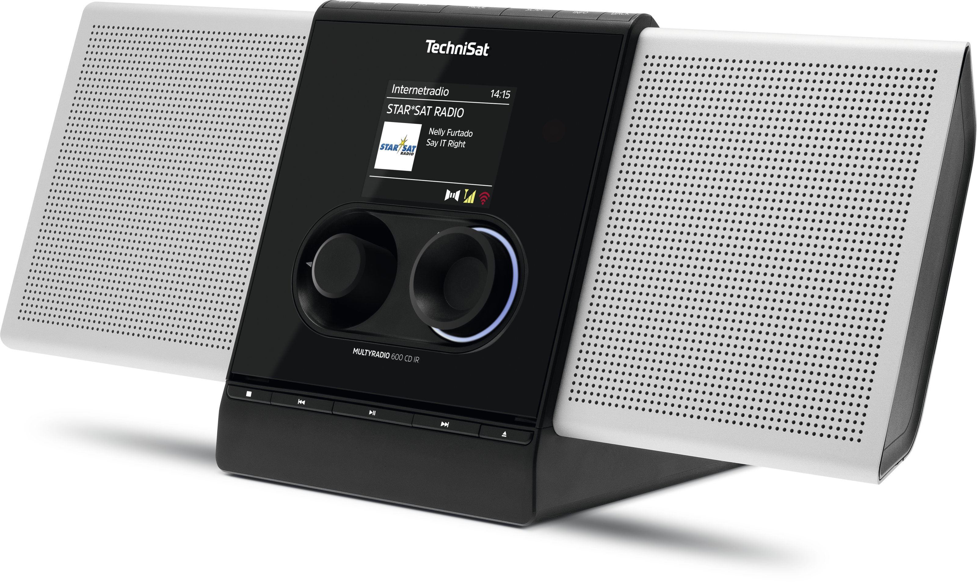 Una radio Internet TechniSat in bianco e nero con due altoparlanti bianchi ai lati.