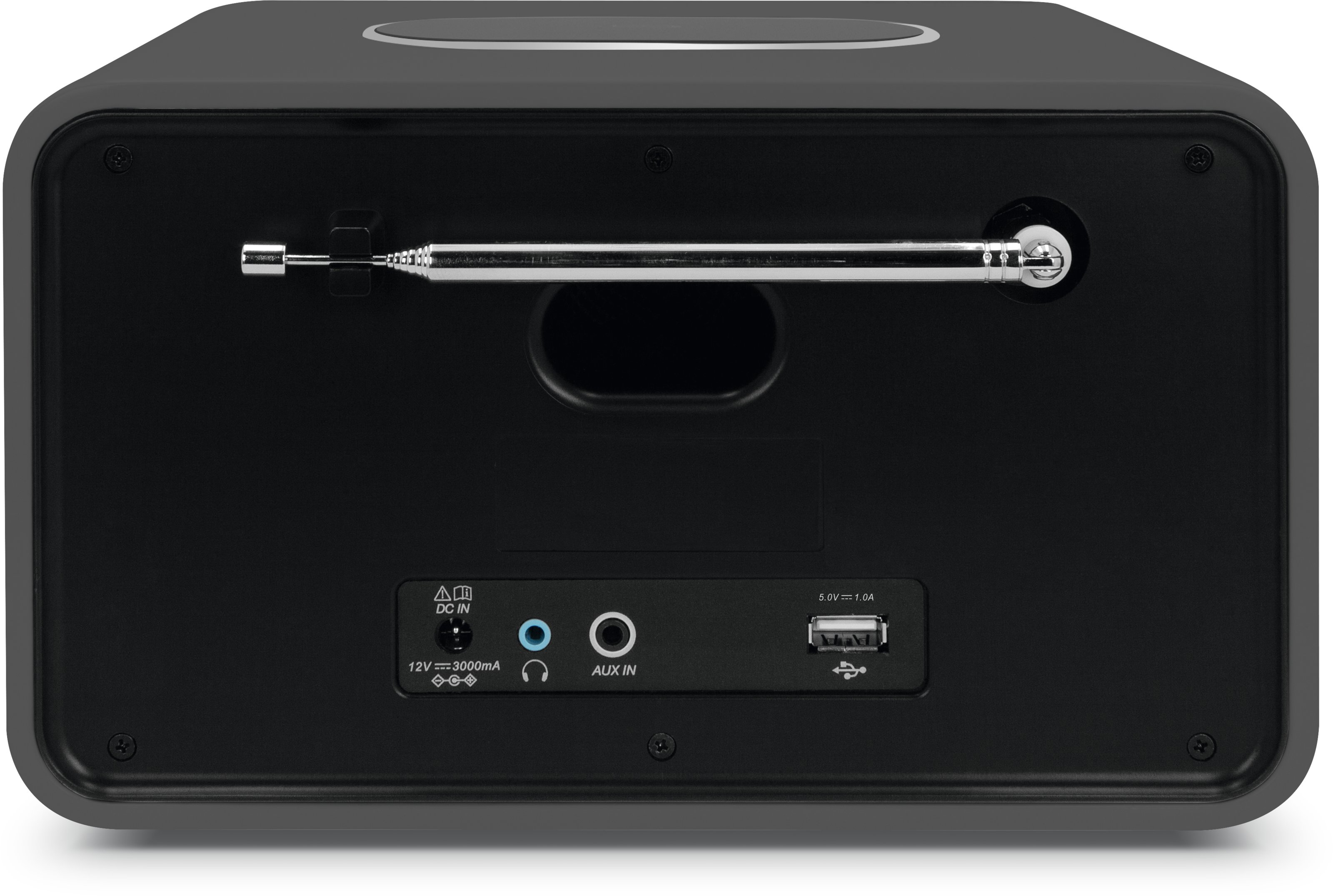 Tył ciemnoszarego głośnika. Posiada różne wejścia i antenę.