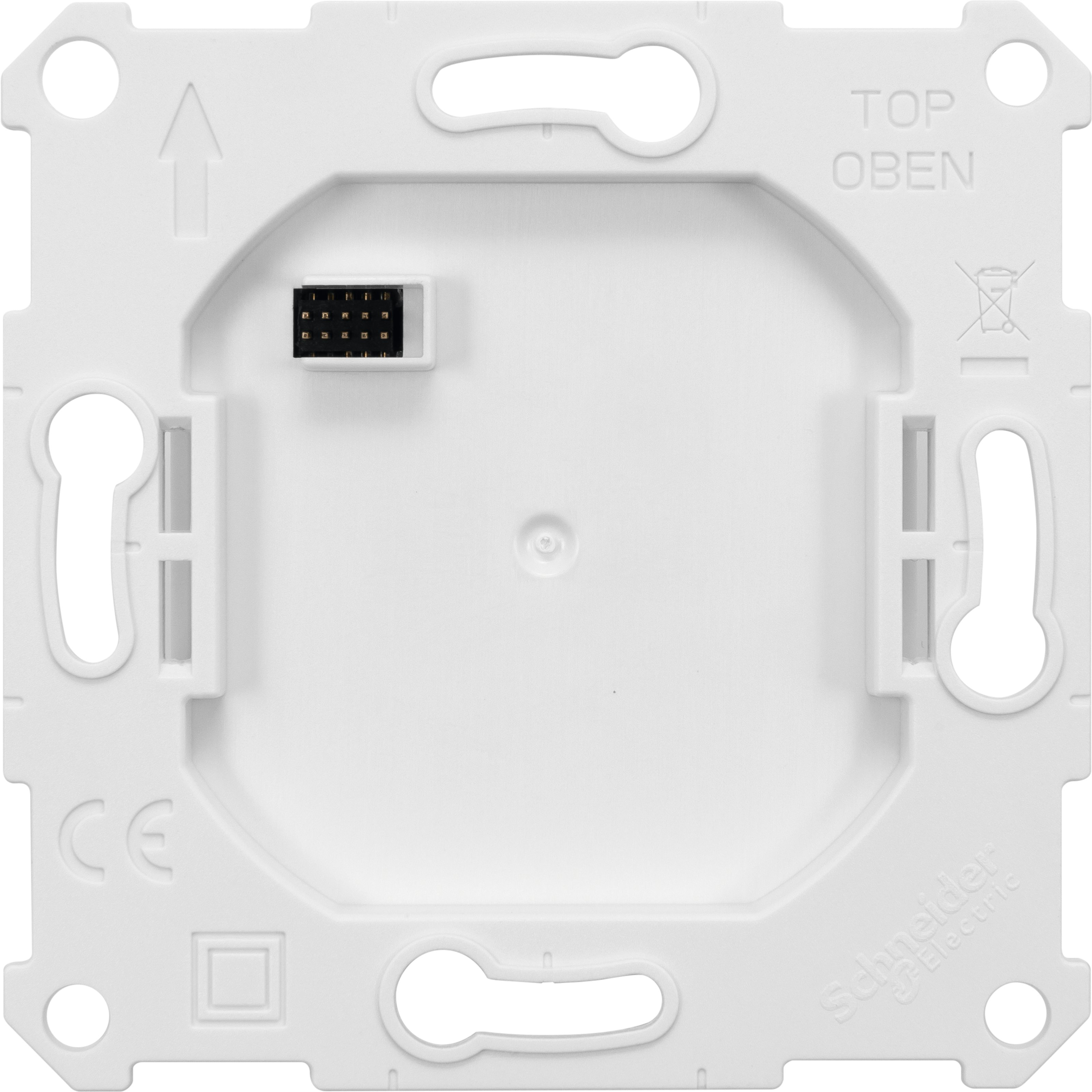 Biała płyta tylna gniazda elektrycznego, oznaczona „TOP OBEN” i złączem.