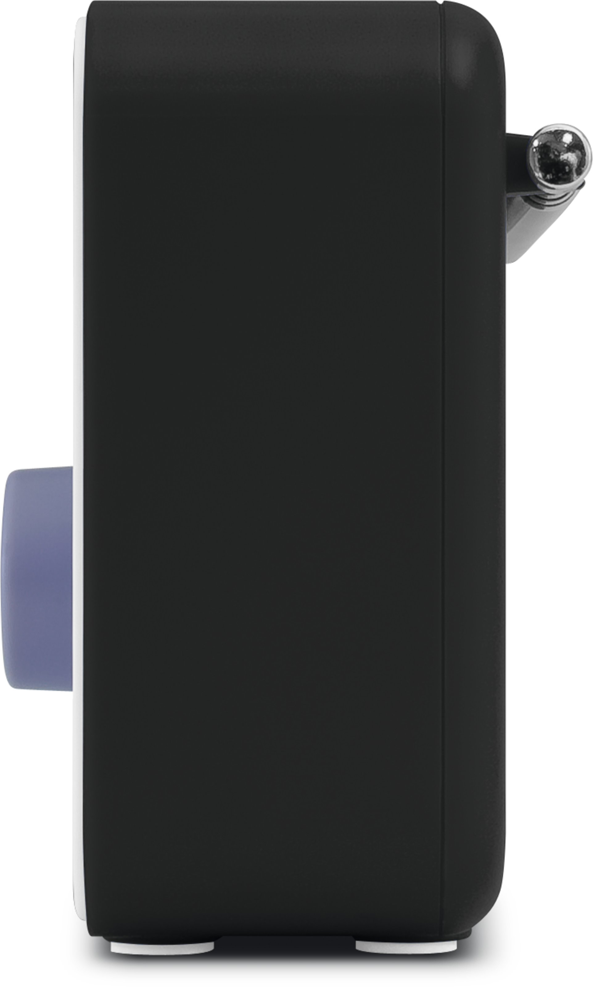 Czarno-białe, prostokątne radio z pokrętłem, anteną i jasnoniebieskim pokrętłem.