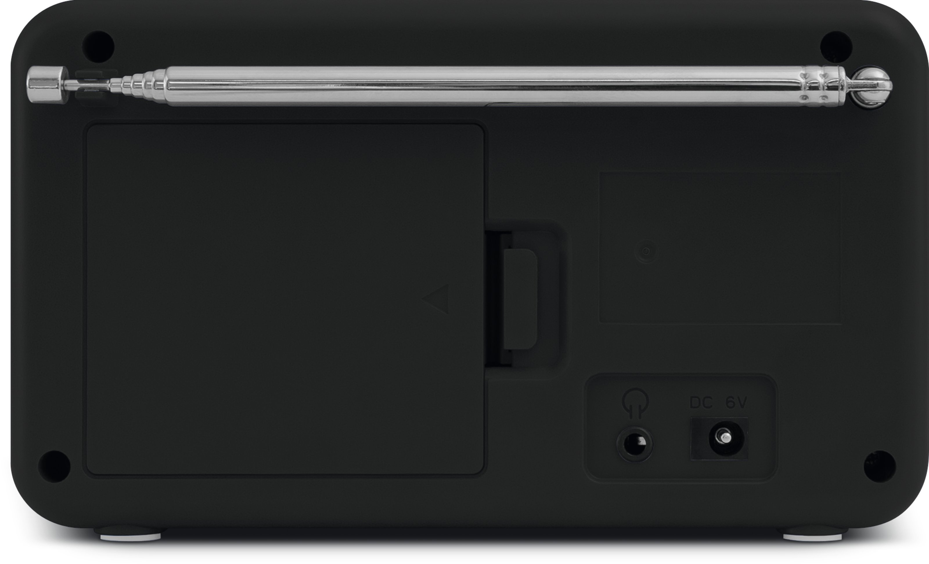 Tył czarnego radia z komorą baterii, gniazdem słuchawkowym i zasilaniem DC.