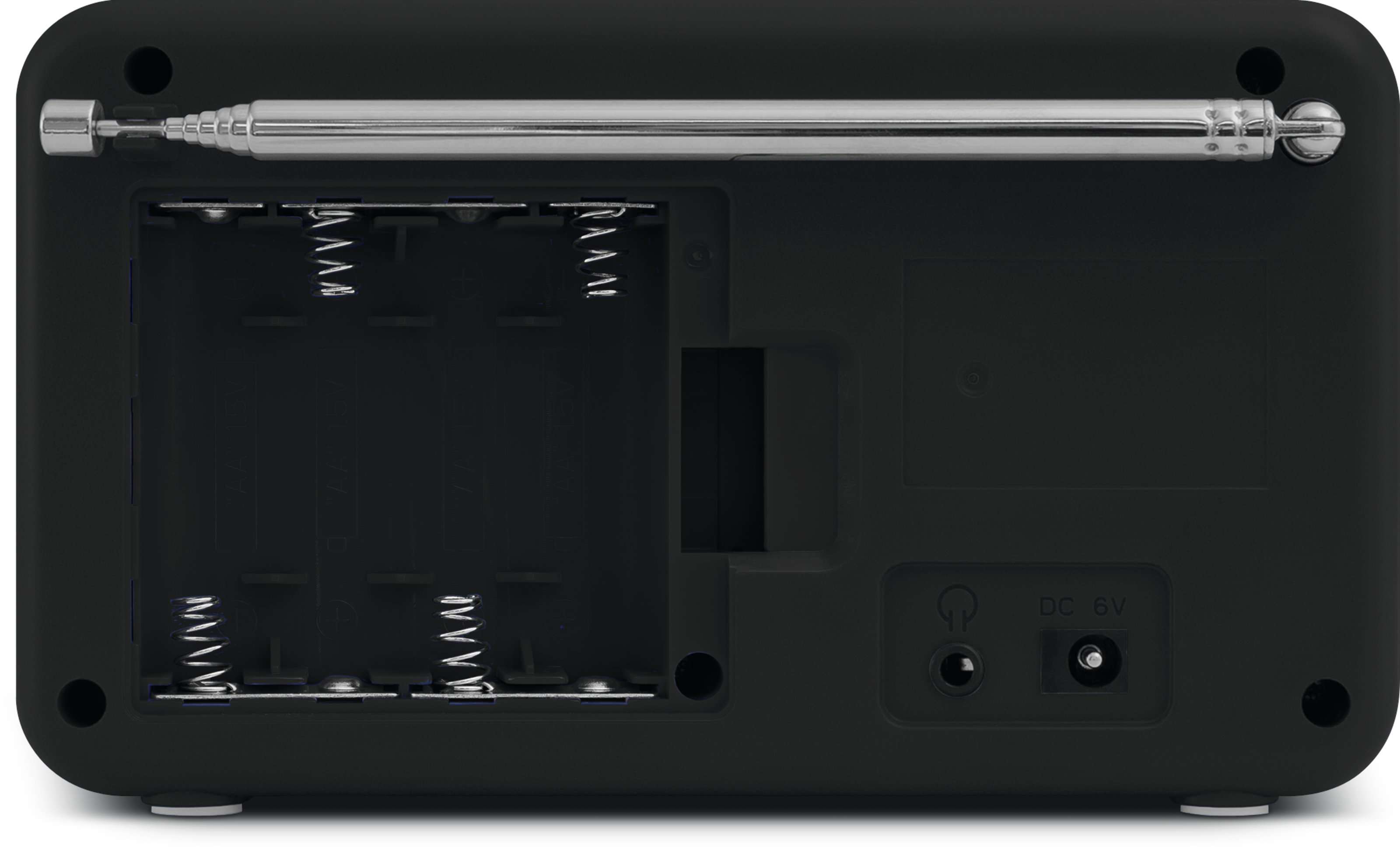 Czarny panel tylny radia, komora baterii, antena, port DC 6V i gniazdo słuchawkowe są widoczne.