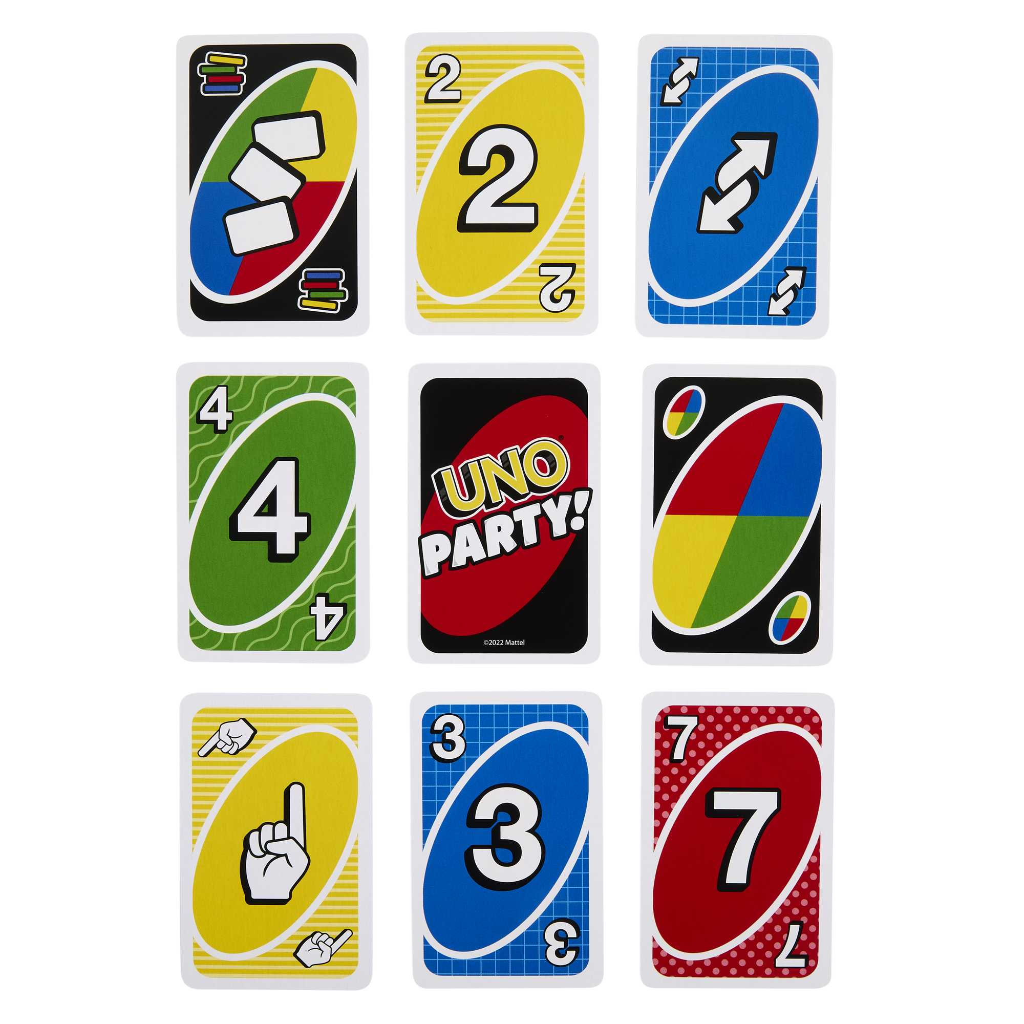 Neuf cartes Uno affichées. Les cartes comportent des chiffres, des couleurs et des commandes d'action comme 'Reverse'.
