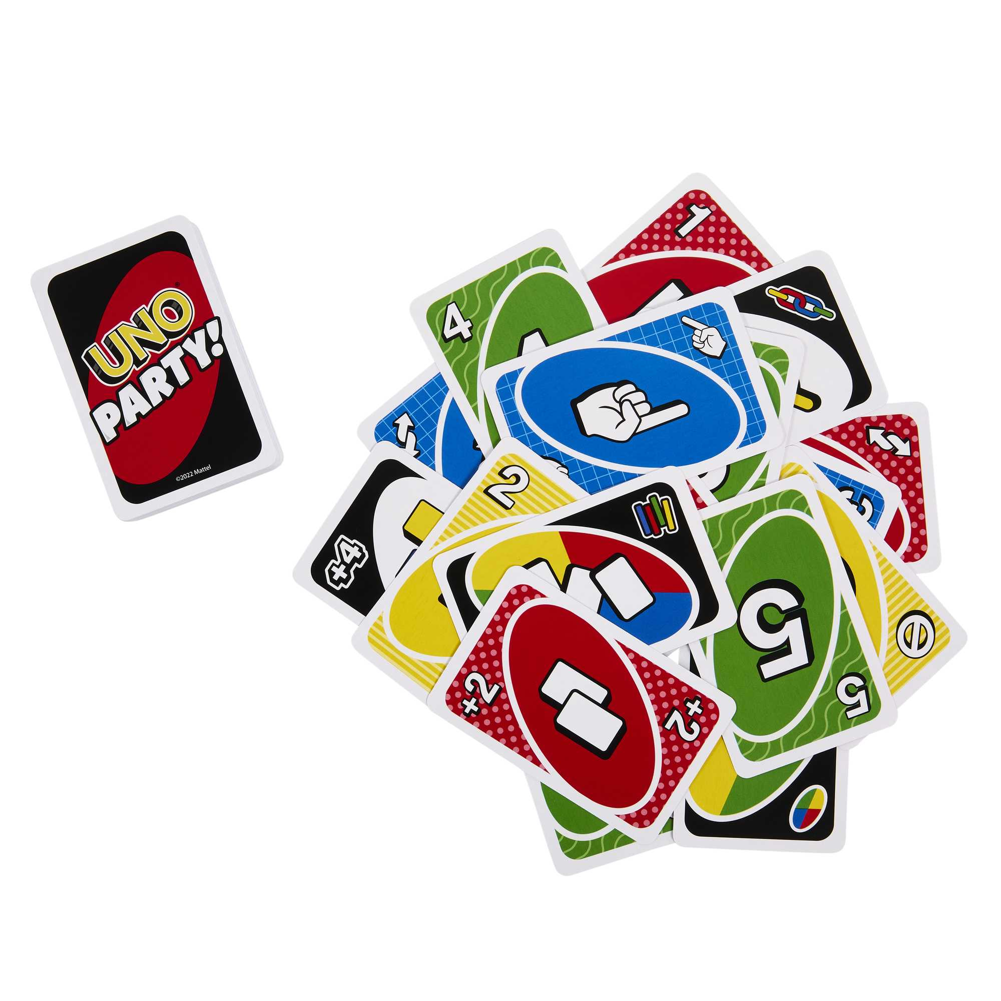 Tas de cartes Uno, avec certaines cartes montrant des chiffres et des symboles.