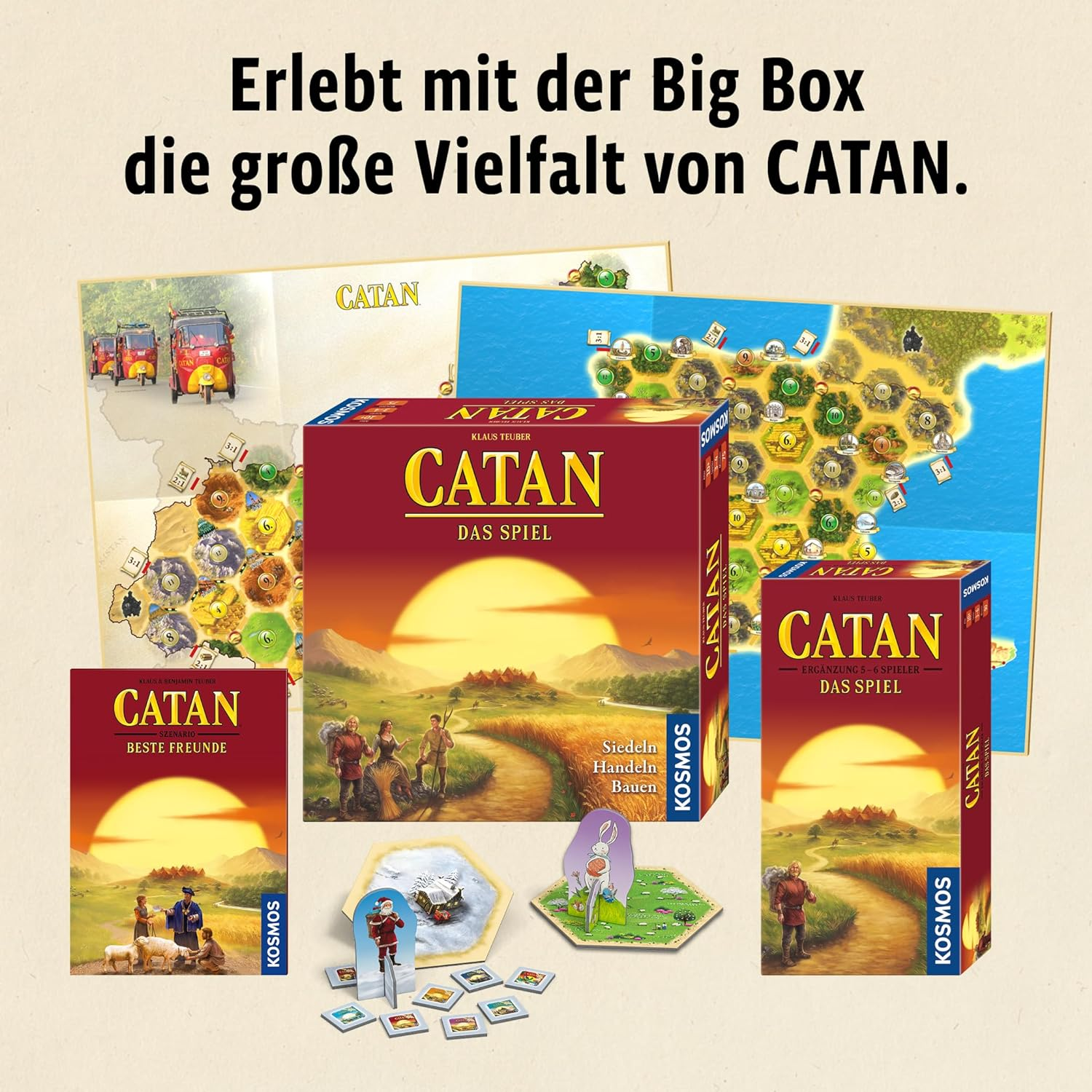 Múltiples cajas y componentes del juego de mesa Catan, con una pancarta en la parte superior.