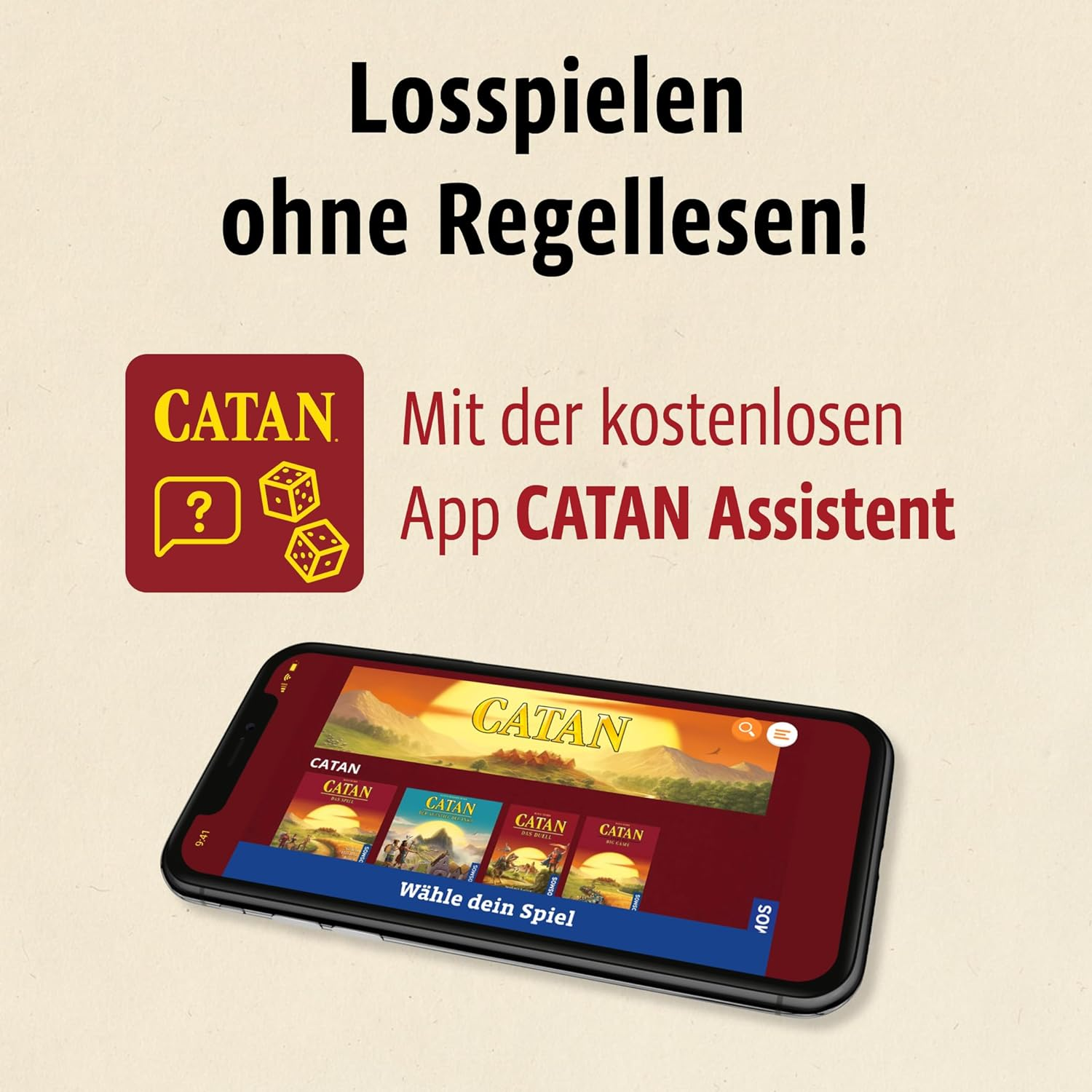 Smartphone con juego Catan en pantalla, fondo marrón.