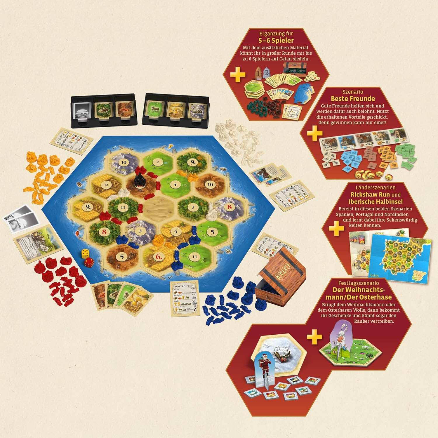 Juego de mesa con tablero hexagonal, cartas, dados y varias fichas de escenario.