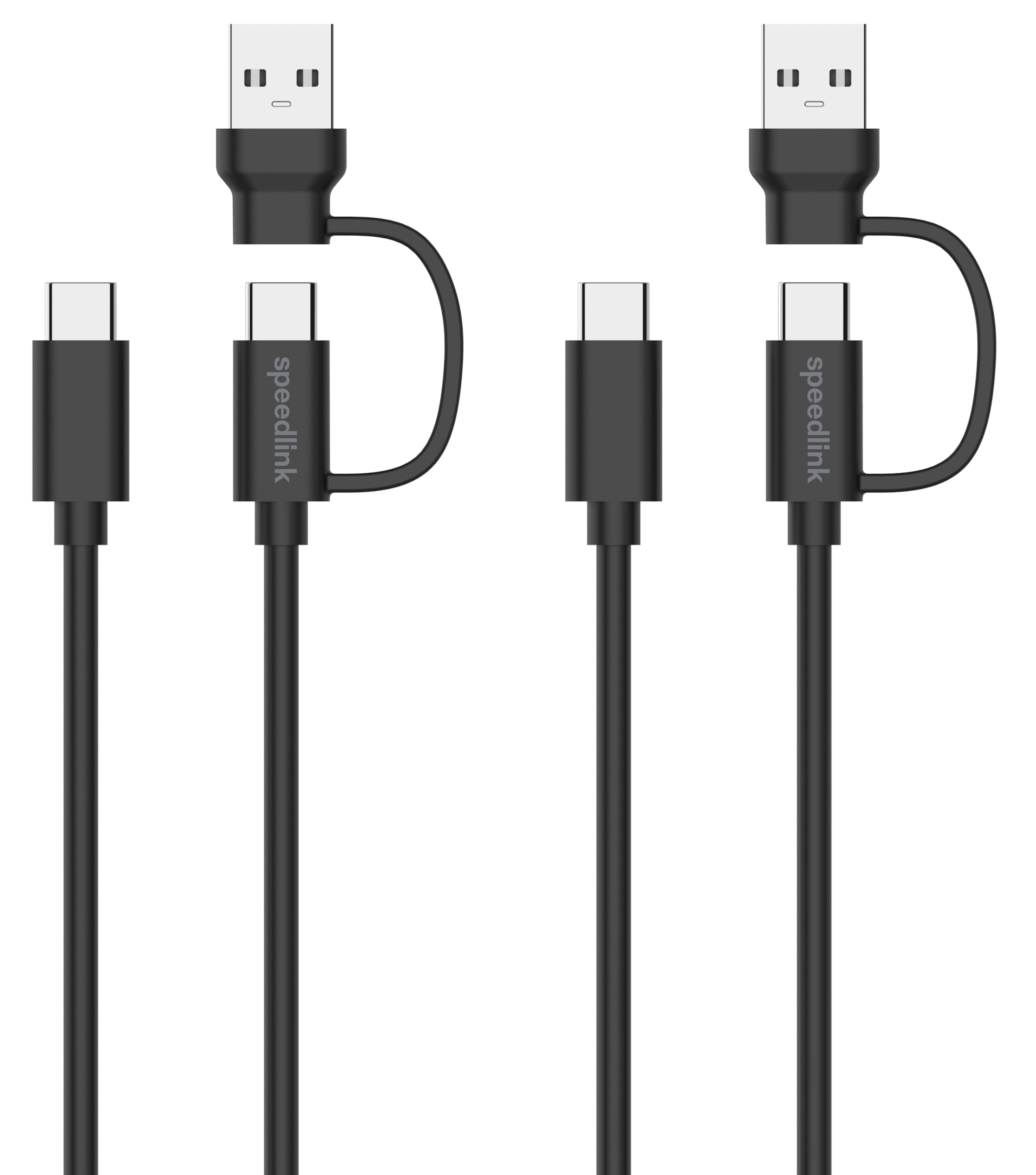 Two black speedlink cables. One USB to USB-C, and one USB to USB-C with adapter.