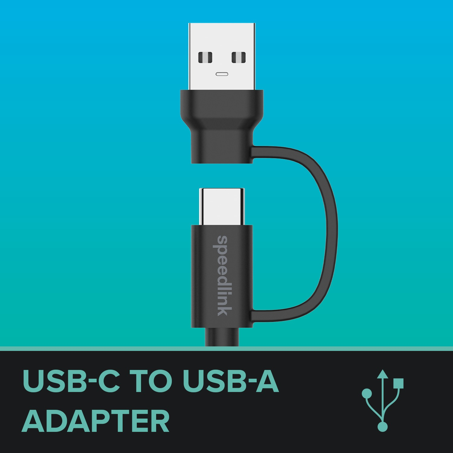 Black USB-C to USB-A adapter. A USB-C connector is above the USB-A connector.