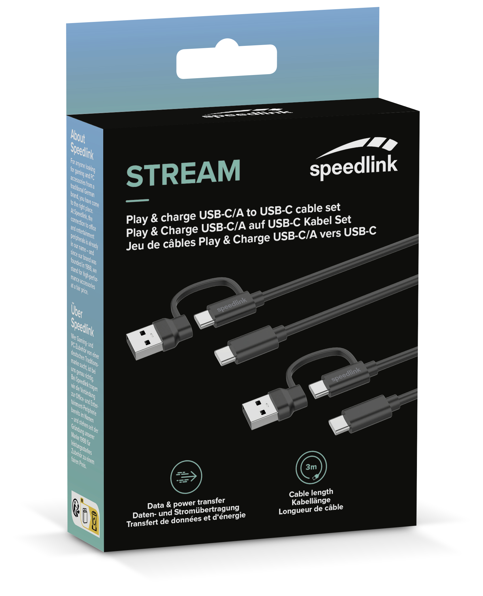 A black and white box of USB-C cables with the Speedlink brand name and product information.