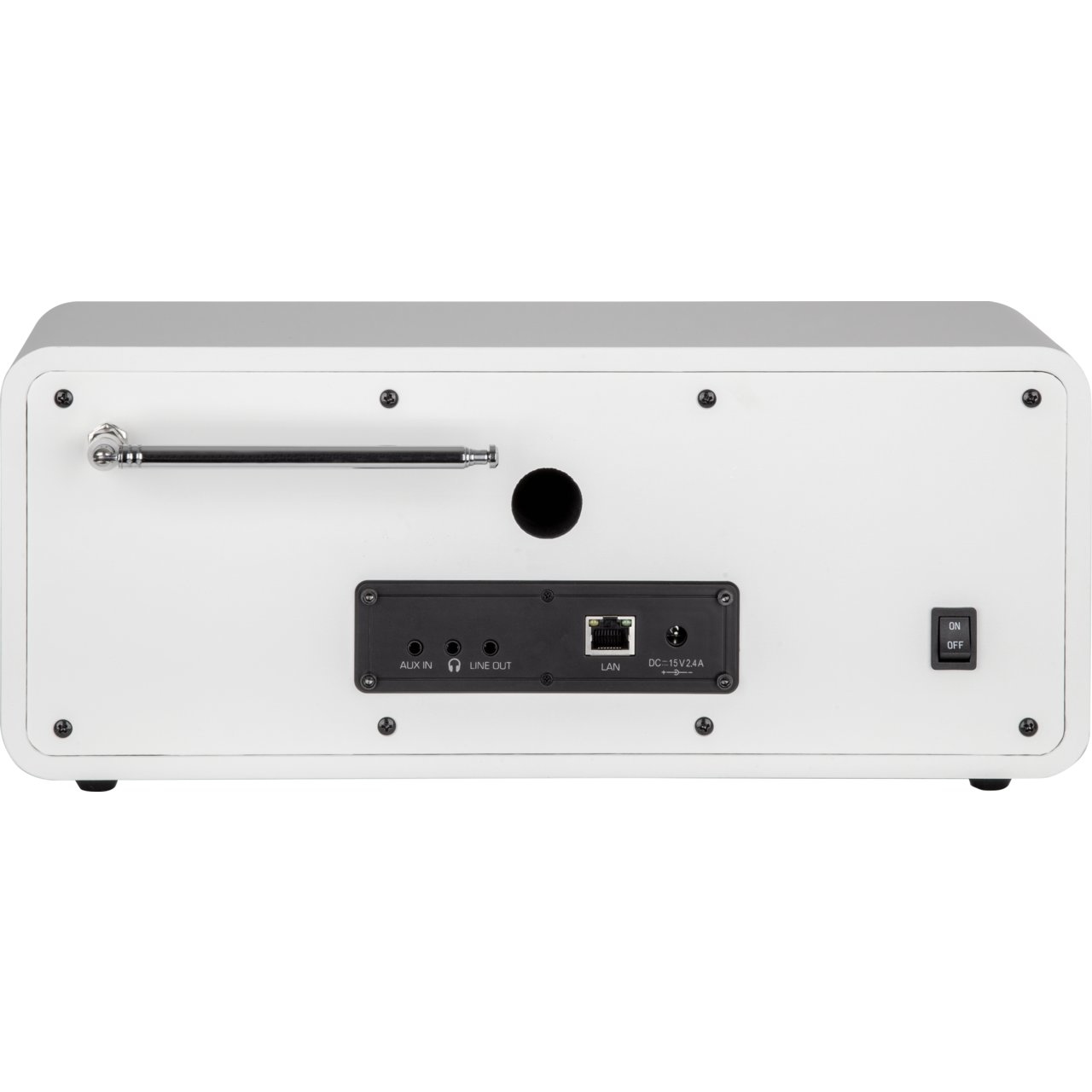 Białe radio z tylnym panelem pokazującym porty AUX, LAN i zasilanie oraz włącznik/wyłącznik.