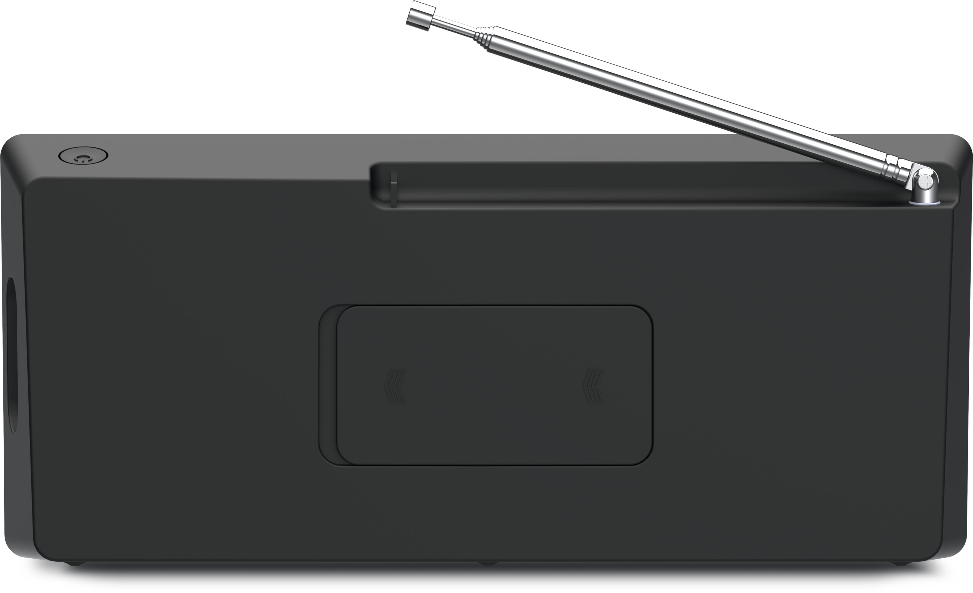 Czarne radio z wysuwaną anteną na górze i panelem z dwoma przyciskami.