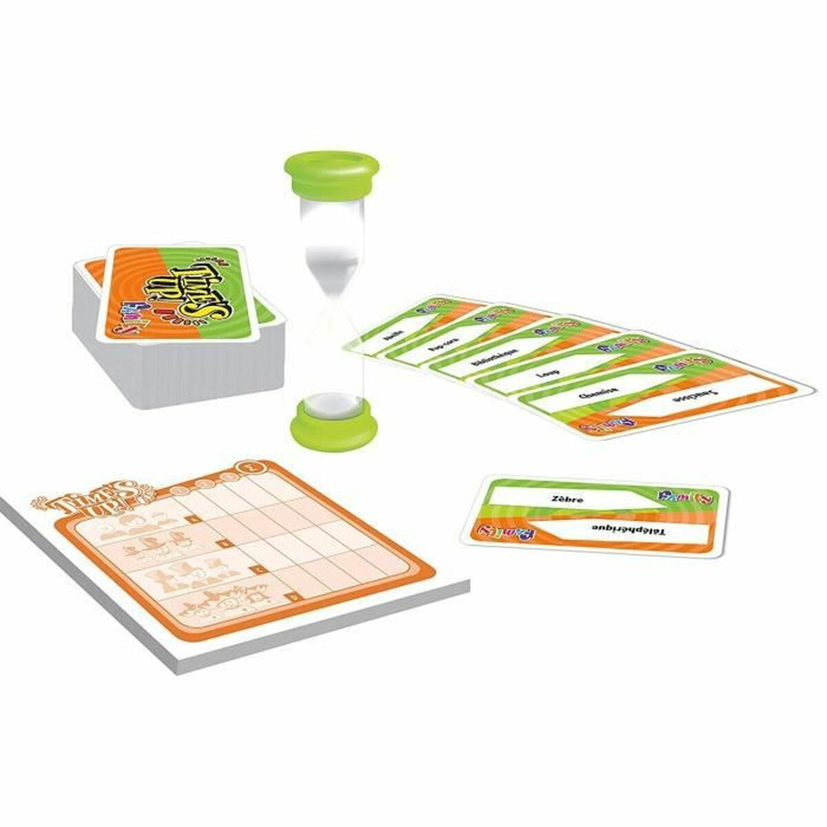 Brettspielkomponenten, einschließlich Karten, Timer und Spielbrett, auf weißer Oberfläche.