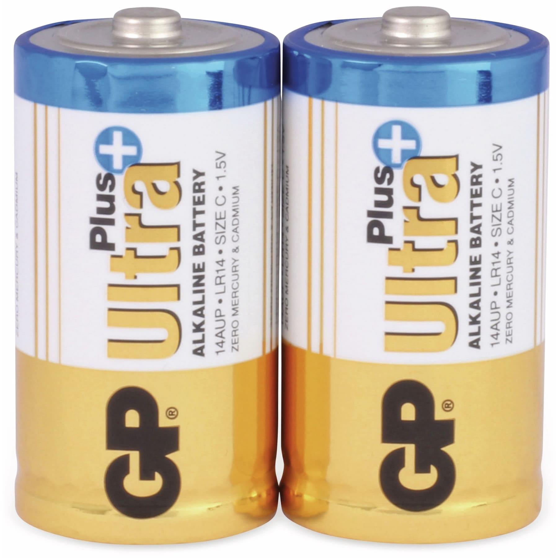 Due batterie GP Ultra Plus C. Etichetta oro e bianca, estremità blu.