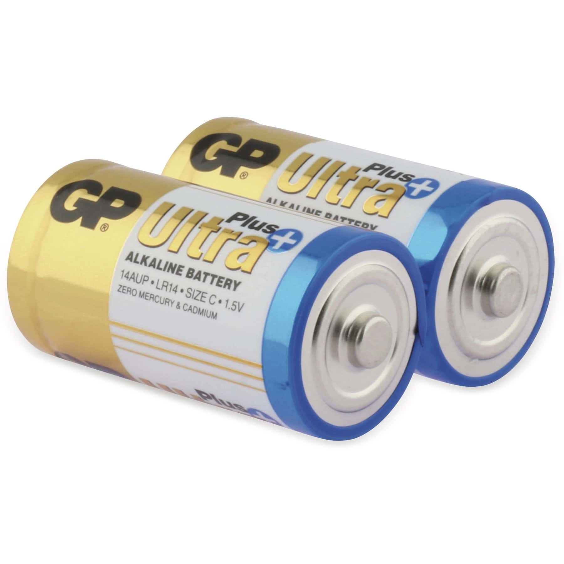 Due batterie GP Ultra Plus C. Etichetta oro e bianca, estremità blu.