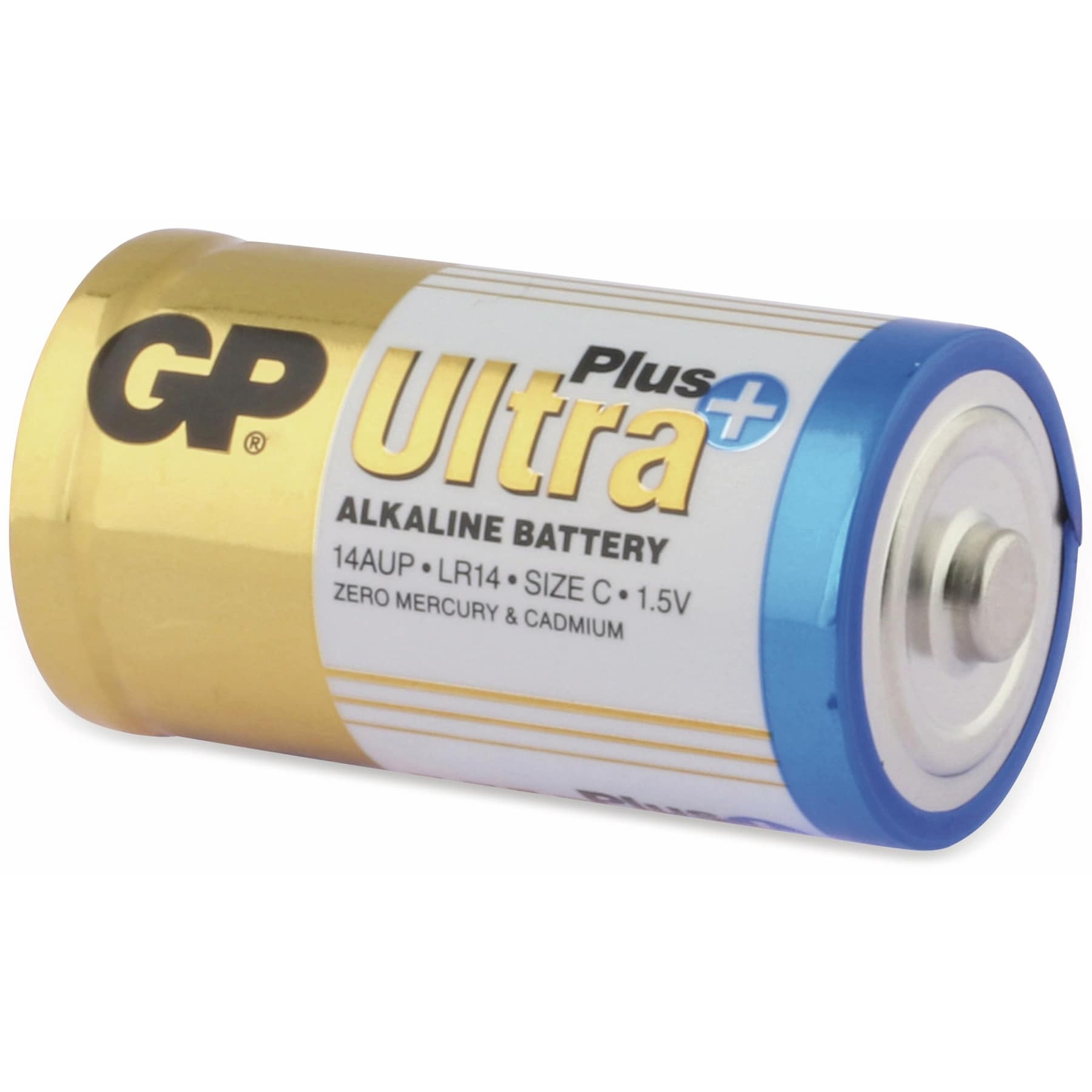 Una batteria GP Ultra Plus C. Etichetta oro e bianca, estremità blu.