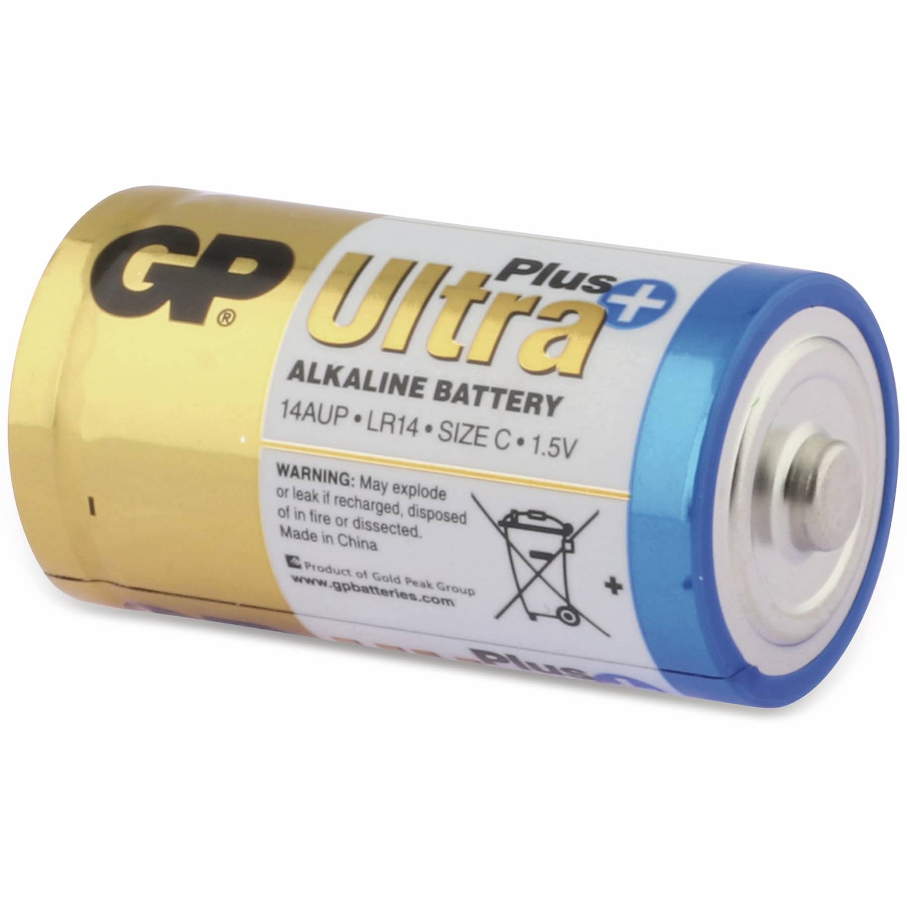 Una batteria GP Ultra Plus C. Etichetta oro e bianca, estremità blu.
