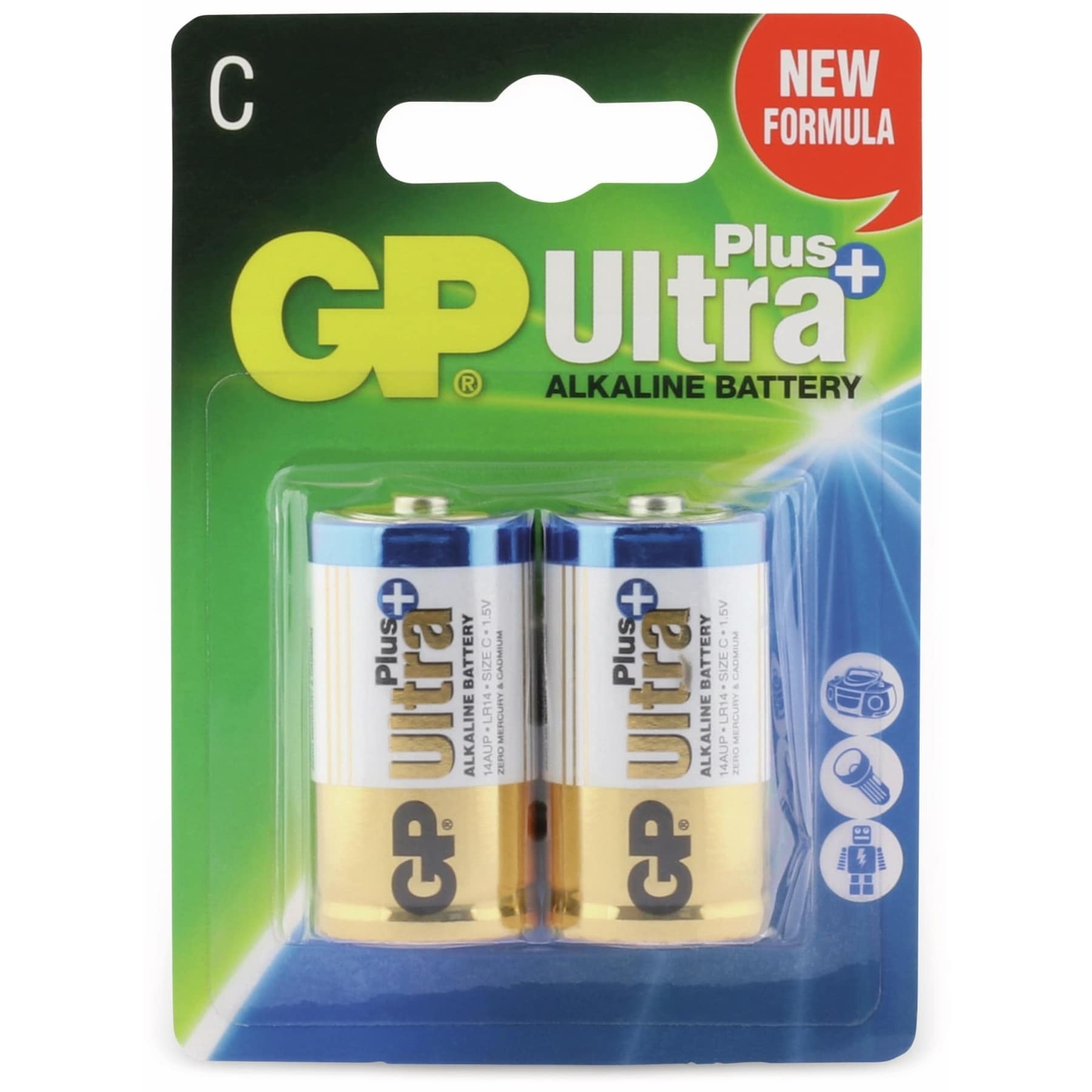 Una confezione blister di due batterie C GP Ultra Plus. Imballaggio verde e bianco.