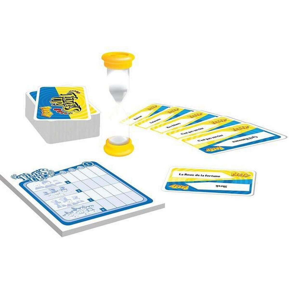 Bordspelstukken met gele timer en kaarten, met een witte achtergrond.