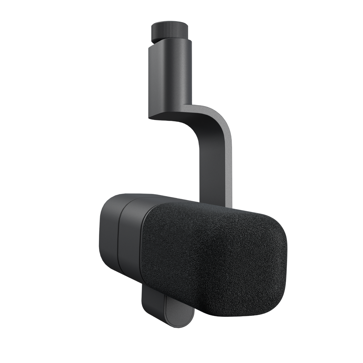 Elegancki czarny mikrofon z zaokrągloną piankową osłoną przeciwwietrzną, przymocowany do regulowanego ramienia, na czarnym tle.