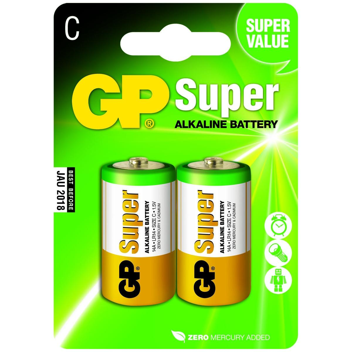 Zielone i żółte opakowanie dwóch baterii C GP Super Alkaline. Opakowanie ma tekst.